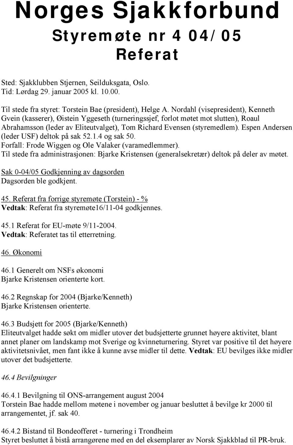 Espen Andersen (leder USF) deltok på sak 52.1.4 og sak 50. Forfall: Frode Wiggen og Ole Valaker (varamedlemmer).