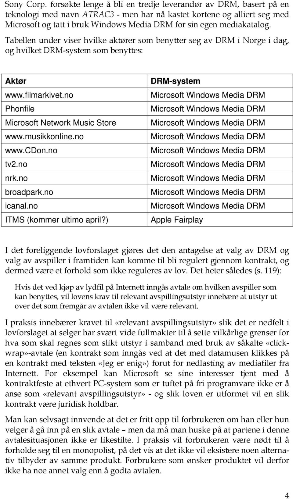 mediakatalog. Tabellen under viser hvilke aktører som benytter seg av DRM i Norge i dag, og hvilket DRM-system som benyttes: Aktør www.filmarkivet.no Phonfile Microsoft Network Music Store www.