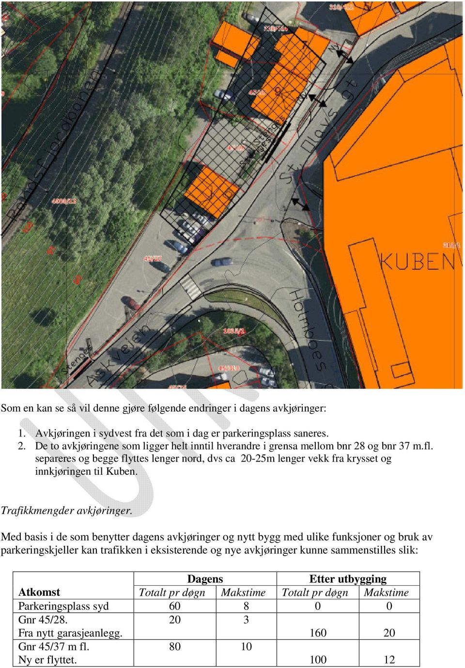 separeres og begge flyttes lenger nord, dvs ca 20-25m lenger vekk fra krysset og innkjøringen til Kuben. Trafikkmengder avkjøringer.