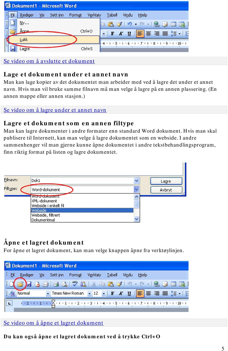 ) Se video om å lagre under et annet navn Lagre et dokument som en annen filtype Man kan lagre dokumenter i andre formater enn standard Word dokument.