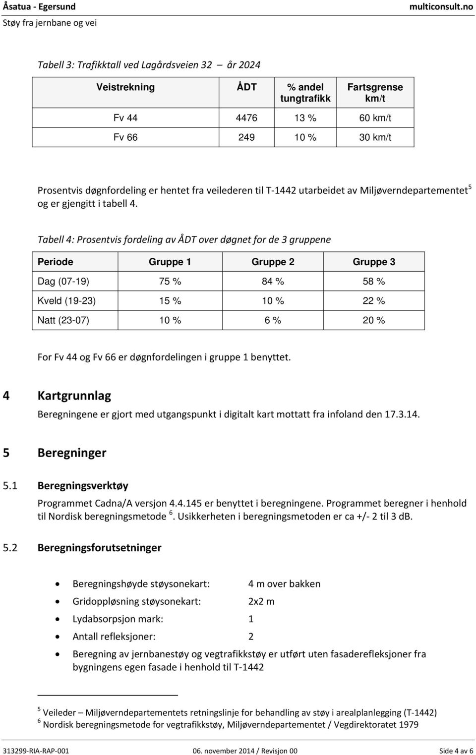 Tabell 4: Prosentvis fordeling av ÅDT over døgnet for de 3 gruppene Periode Gruppe 1 Gruppe 2 Gruppe 3 Dag (07-19) 75 % 84 % 58 % Kveld (19-23) 15 % 10 % 22 % Natt (23-07) 10 % 6 % 20 % For Fv 44 og