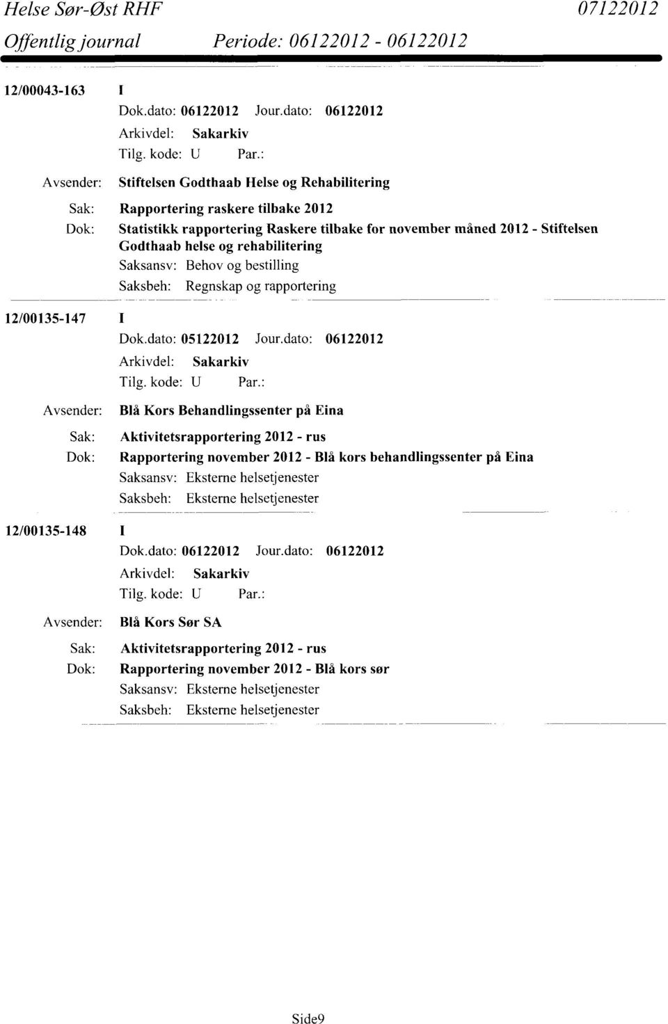 Eina 12/00135-148 I Sak: Aktivitetsrapportering 2012 - rus Dok: Rapportering november 2012 - Blå kors behandlingssenter på Eina Eksterne helsetjenester Eksterne