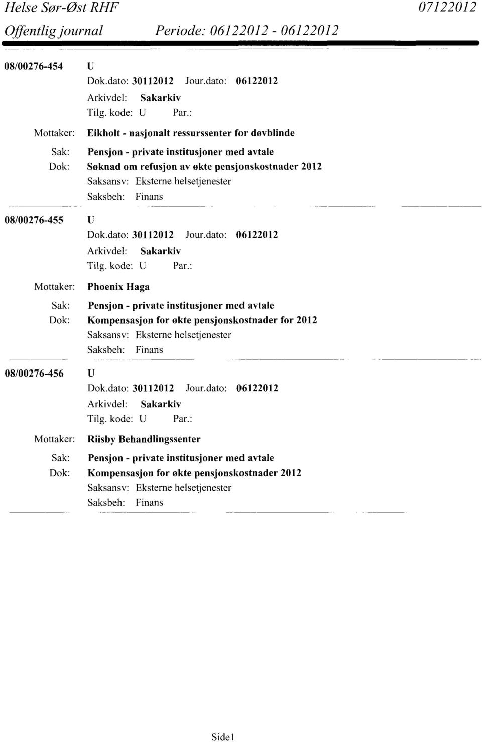 Haga Dok: Kompensasjon for økte pensjonskostnader for 2012 08/00276-456 U