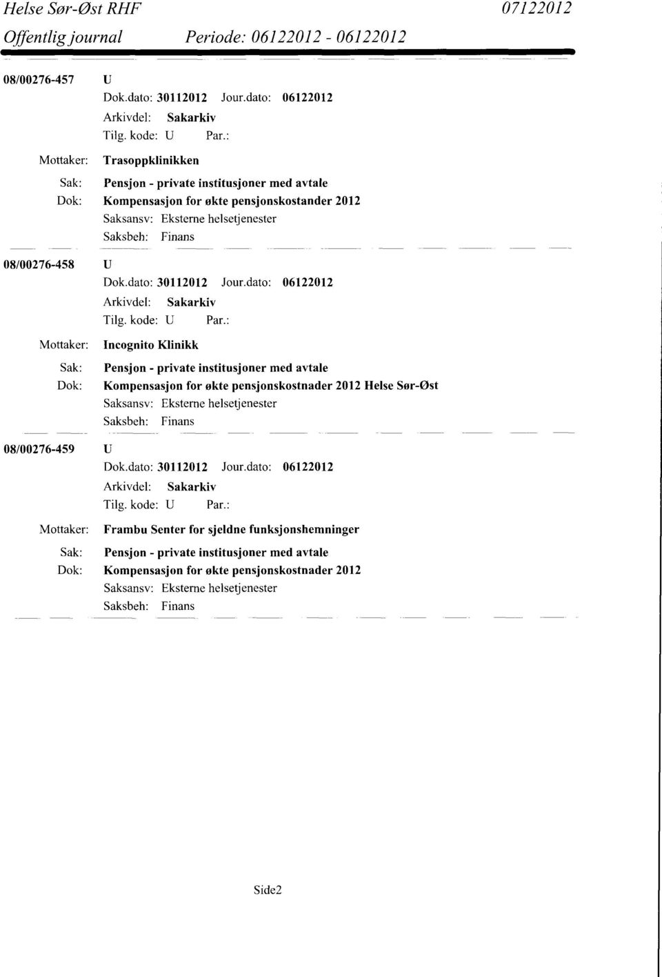 Kompensasjon for økte pensjonskostnader 2012 Helse Sør-Øst 08/00276-459 U Frambu