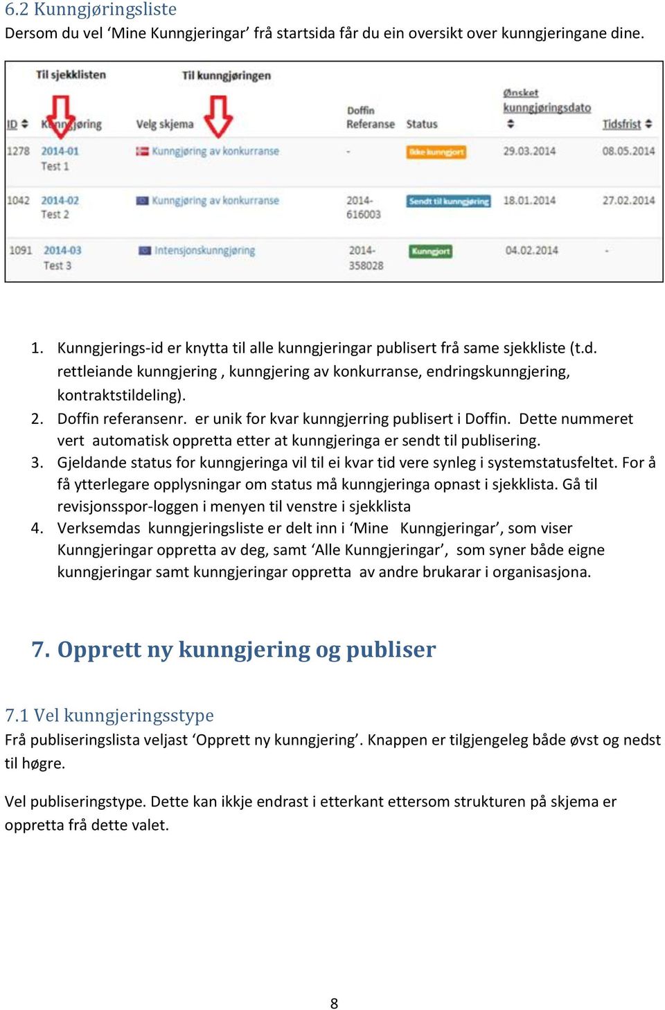 Dette nummeret vert automatisk oppretta etter at kunngjeringa er sendt til publisering. 3. Gjeldande status for kunngjeringa vil til ei kvar tid vere synleg i systemstatusfeltet.