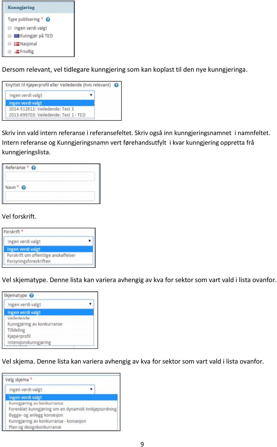 Intern referanse og Kunngjeringsnamn vert førehandsutfylt i kvar kunngjering oppretta frå kunngjeringslista. Vel forskrift.