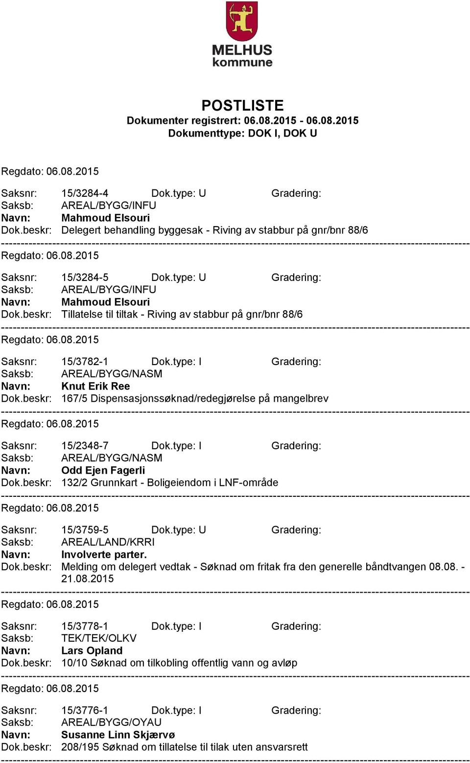 type: I Gradering: Saksb: AREAL/BYGG/NASM Navn: Knut Erik Ree Dok.beskr: 167/5 Dispensasjonssøknad/redegjørelse på mangelbrev Saksnr: 15/2348-7 Dok.