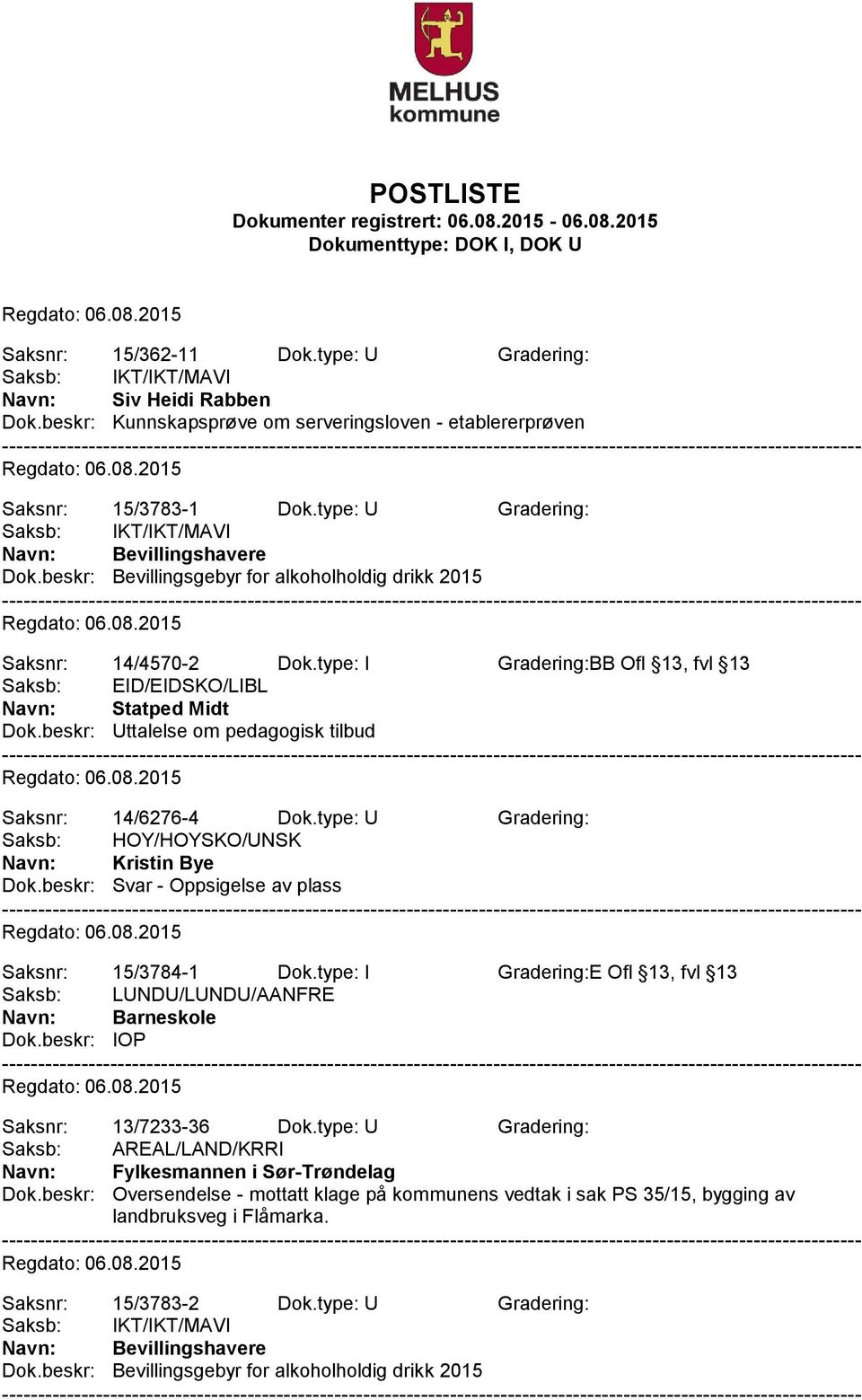 beskr: Uttalelse om pedagogisk tilbud Saksnr: 14/6276-4 Dok.type: U Gradering: Navn: Kristin Bye Dok.beskr: Svar - Oppsigelse av plass Saksnr: 15/3784-1 Dok.