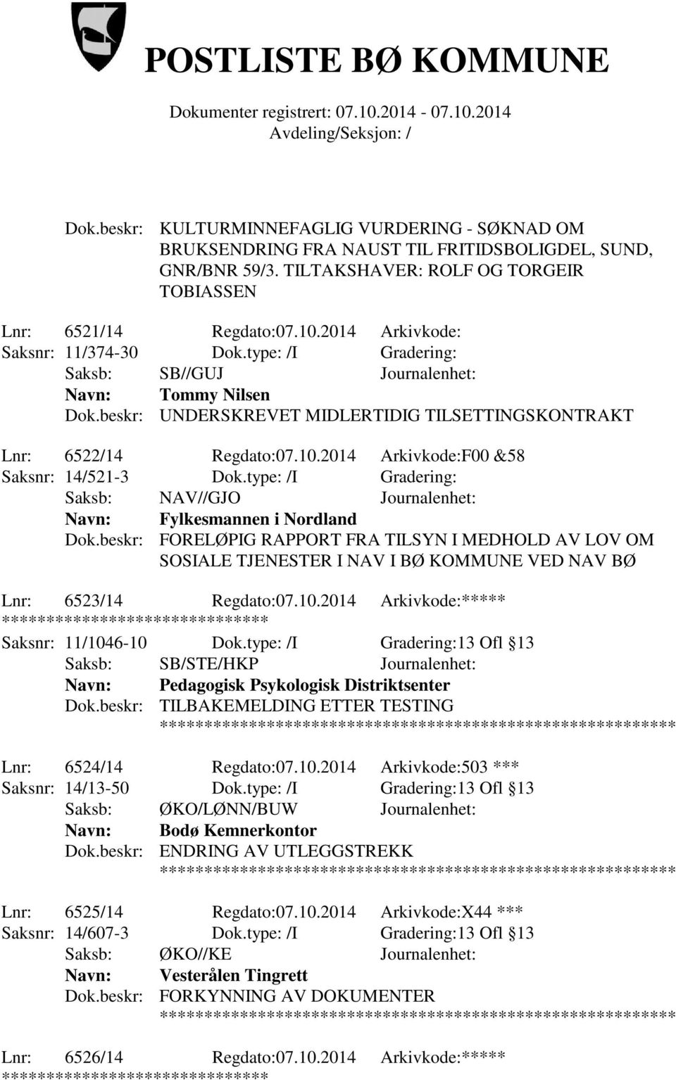 2014 Arkivkode:F00 &58 Saksnr: 14/521-3 Dok.type: /I Gradering: Saksb: NAV//GJO Journalenhet: Navn: Fylkesmannen i Nordland Dok.