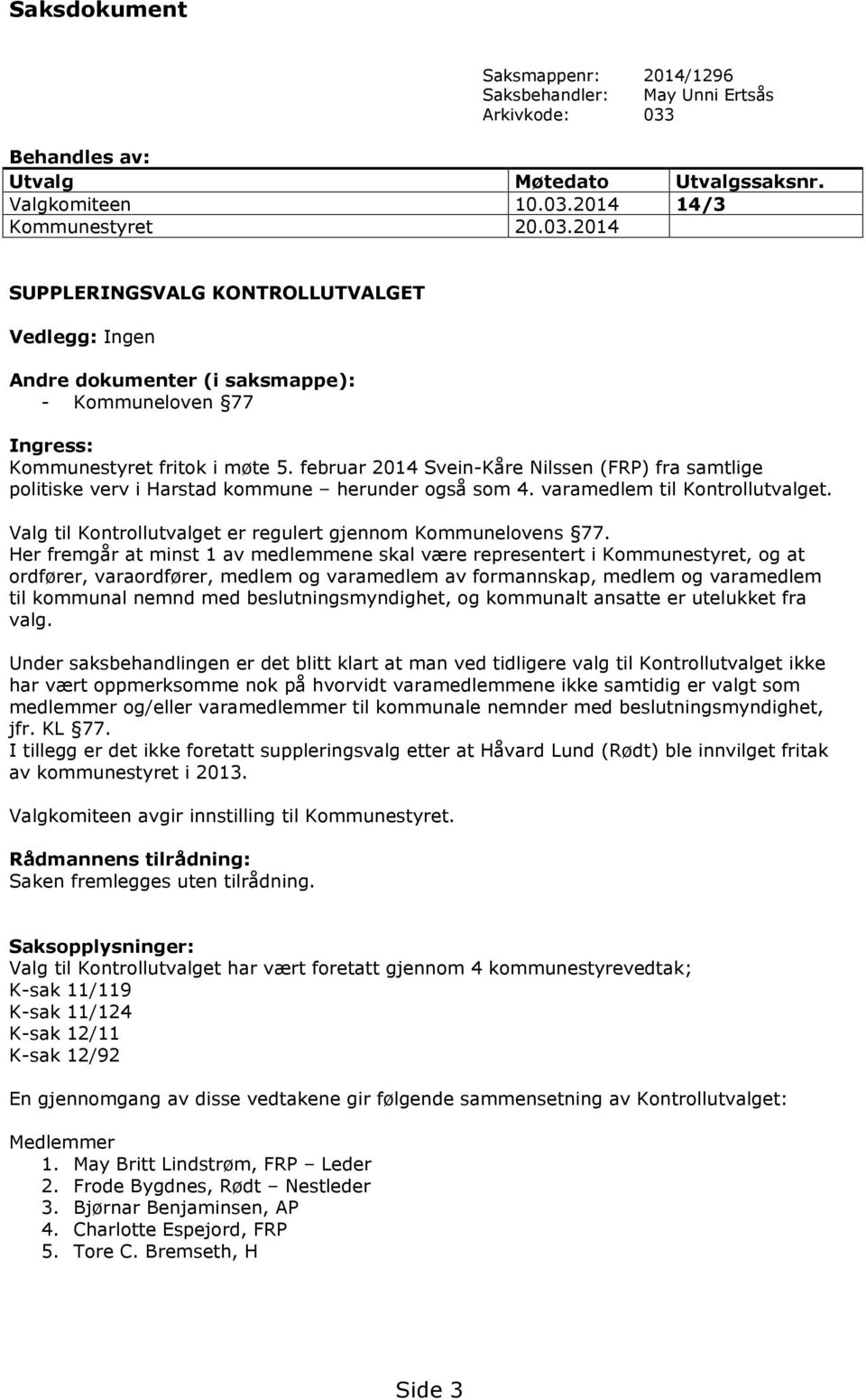 2014 14/3 Kommunestyret 20.03.2014 SUPPLERINGSVALG KONTROLLUTVALGET Vedlegg: Ingen Andre dokumenter (i saksmappe): - Kommuneloven 77 Ingress: Kommunestyret fritok i møte 5.