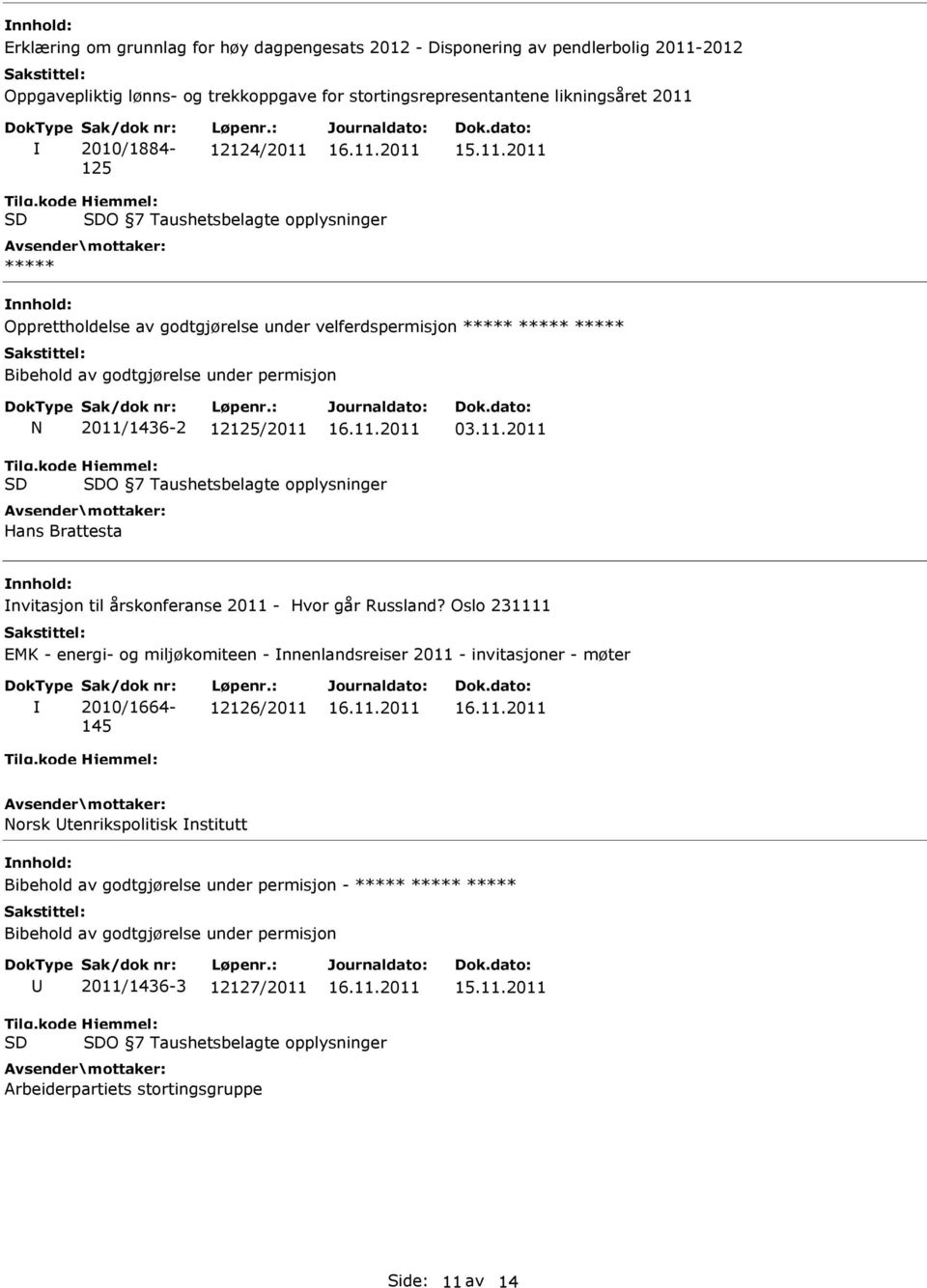 Oslo 231111 EMK - energi- og miljøkomiteen - nnenlandsreiser 2011 - invitasjoner - møter 2010/1664-145 12126/2011 Norsk Utenrikspolitisk nstitutt Bibehold av godtgjørelse under