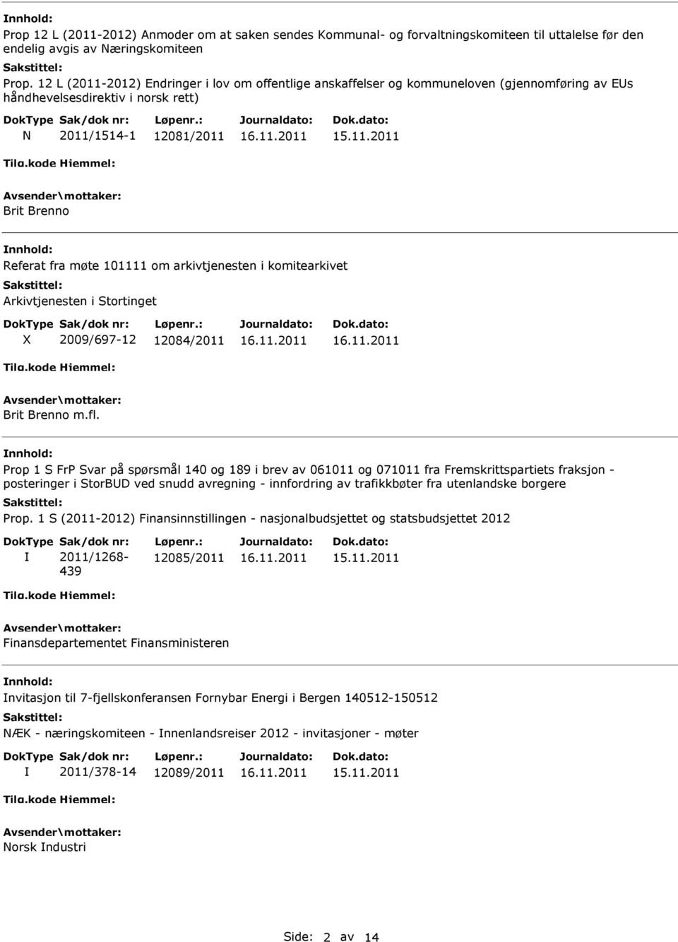 arkivtjenesten i komitearkivet Arkivtjenesten i Stortinget 2009/697-12 12084/2011 Brit Brenno m.fl.