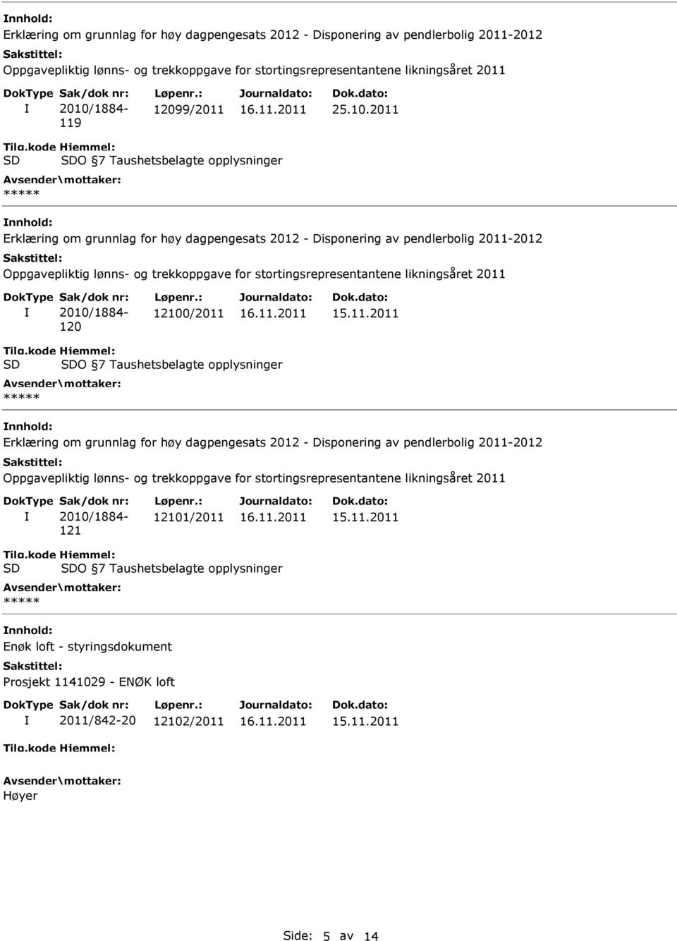 12100/2011 O 7 Taushetsbelagte opplysninger Erklæring om grunnlag for høy dagpengesats 2012 - Disponering av pendlerbolig