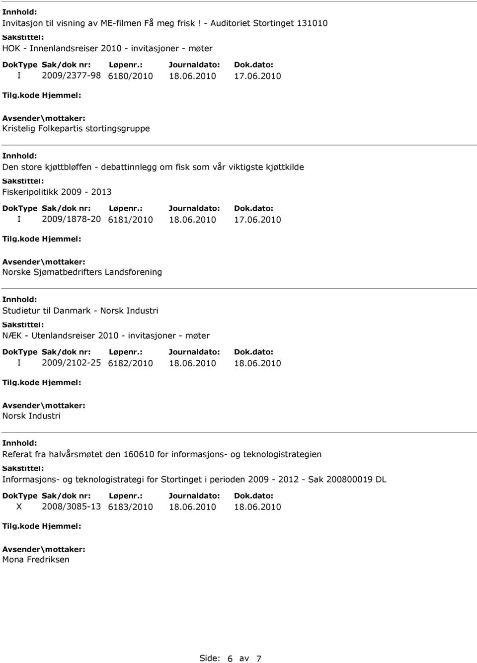 debattinnlegg om fisk som vår viktigste kjøttkilde Fiskeripolitikk 2009-2013 2009/1878-20 6181/2010 Norske Sjømatbedrifters Landsforening Studietur til Danmark - Norsk