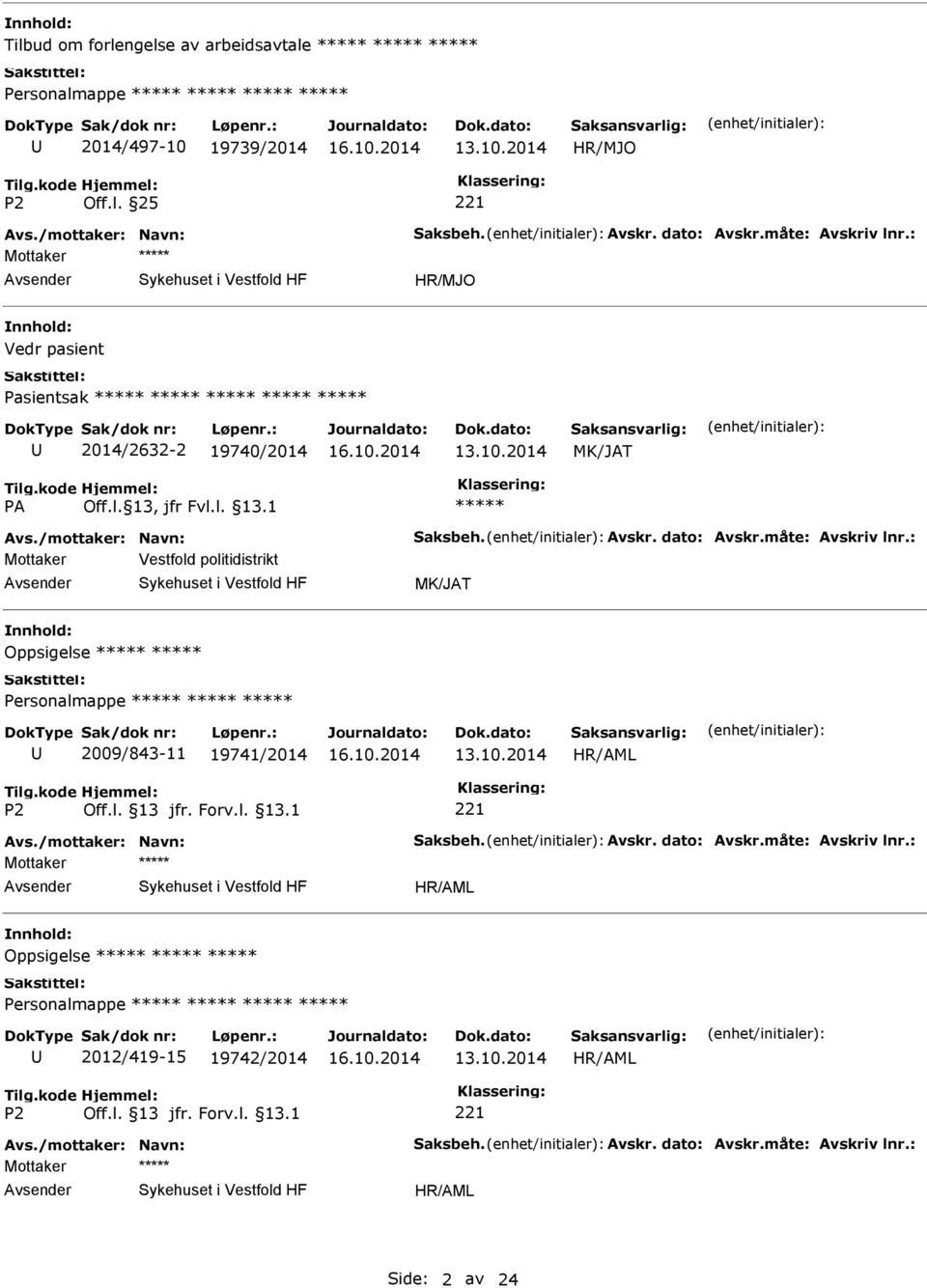 : Mottaker Vestfold politidistrikt MK/JAT Oppsigelse Personalmappe 2009/843-11 19741/2014 Avs./mottaker: Navn: Saksbeh. Avskr. dato: Avskr.