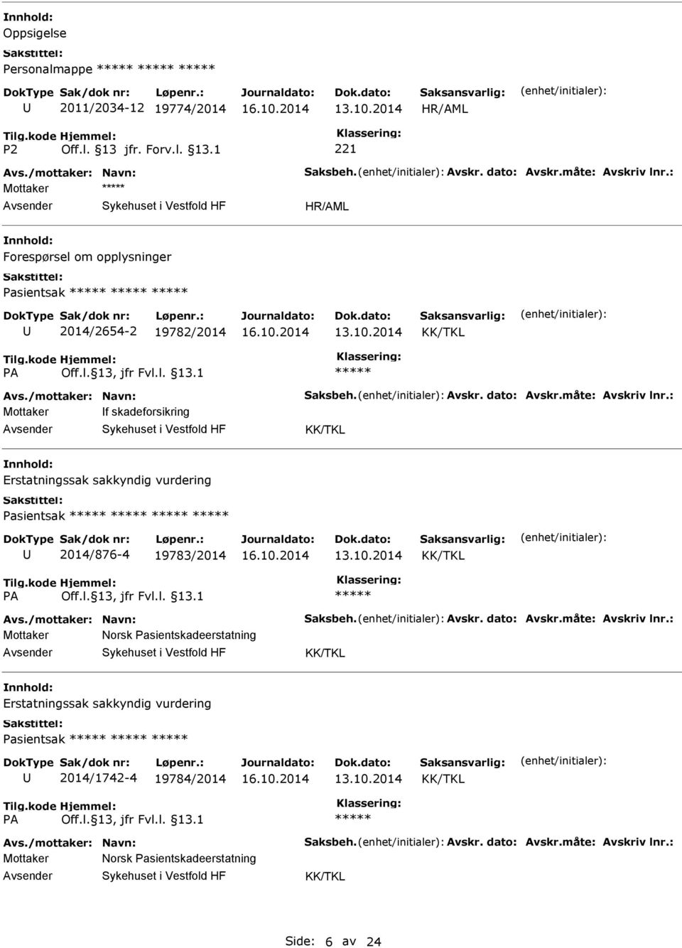 : Mottaker f skadeforsikring Erstatningssak sakkyndig vurdering Pasientsak 2014/876-4 19783/2014 Avs./mottaker: Navn: Saksbeh. Avskr. dato: Avskr.