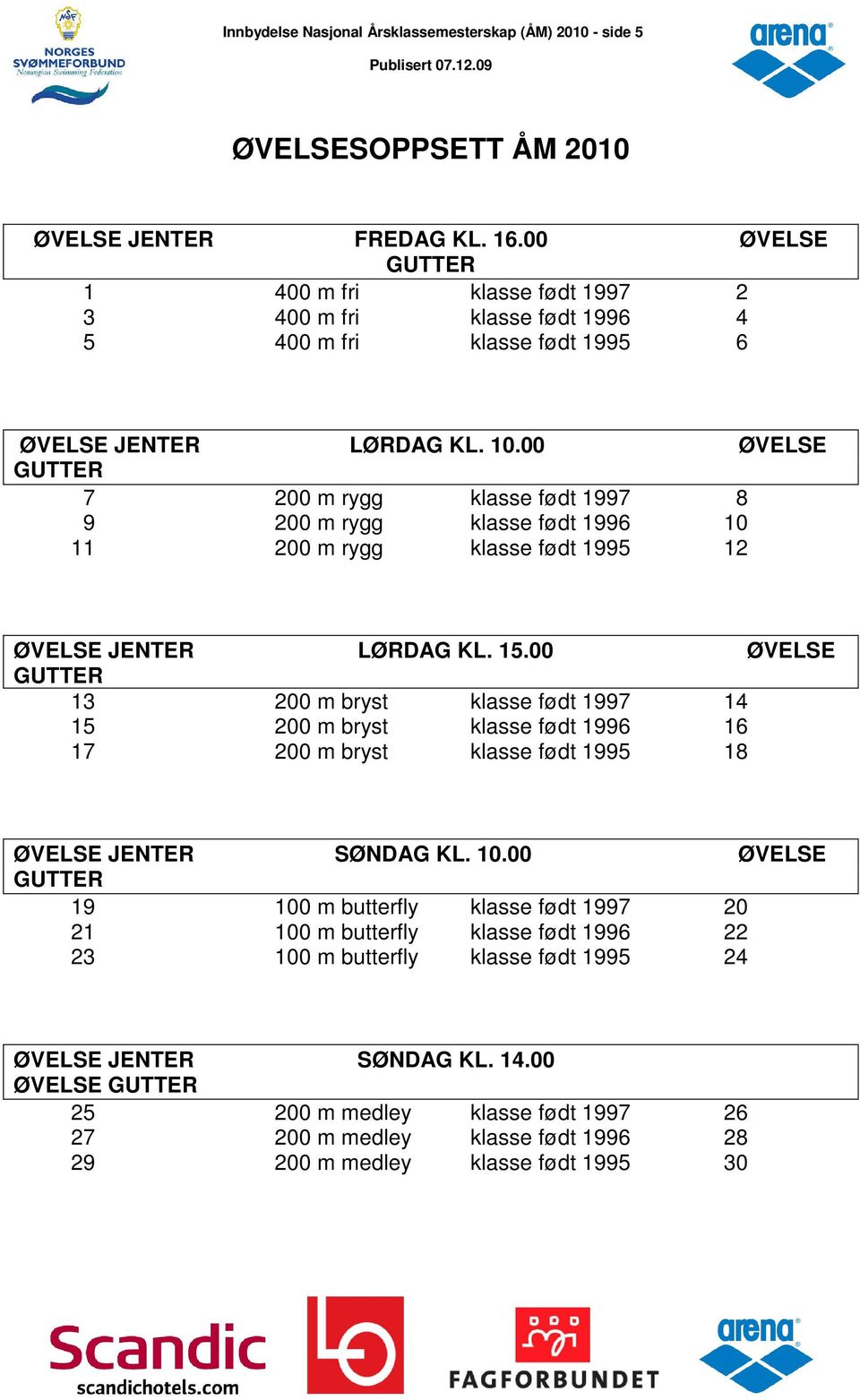 00 ØVELSE 7 200 m rygg klasse født 1997 8 9 200 m rygg klasse født 1996 10 11 200 m rygg klasse født 1995 12 ØVELSE JENTER LØRDAG KL. 15.