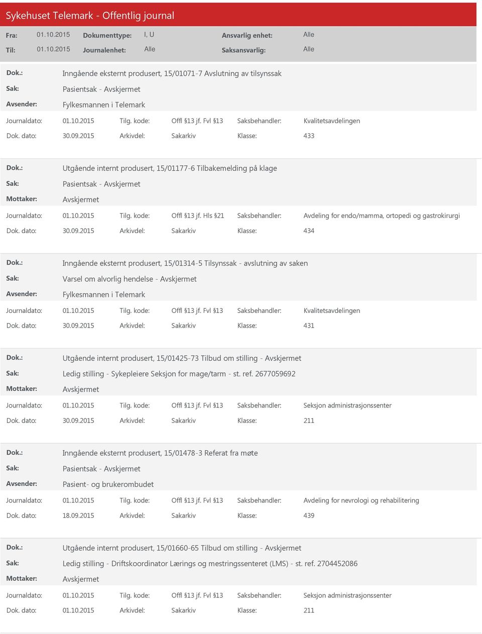 Hls 21 Avdeling for endo/mamma, ortopedi og gastrokirurgi 434 Inngående eksternt produsert, 15/01314-5 Tilsynssak - avslutning av saken Varsel om alvorlig hendelse - Fylkesmannen i Telemark