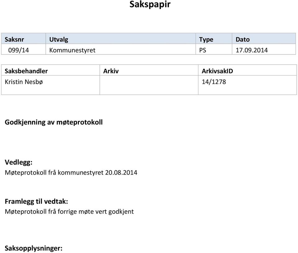 2014 Saksbehandler Arkiv ArkivsakID Kristin Nesbø 14/1278 Godkjenning