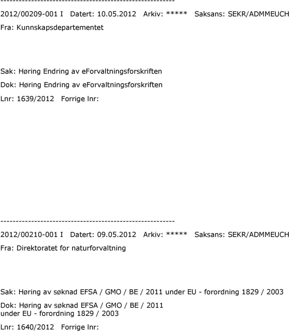 Endring av eforvaltningsforskriften Lnr: 1639/2012 Forrige lnr: 2012/00210-001 I Datert: 09.05.