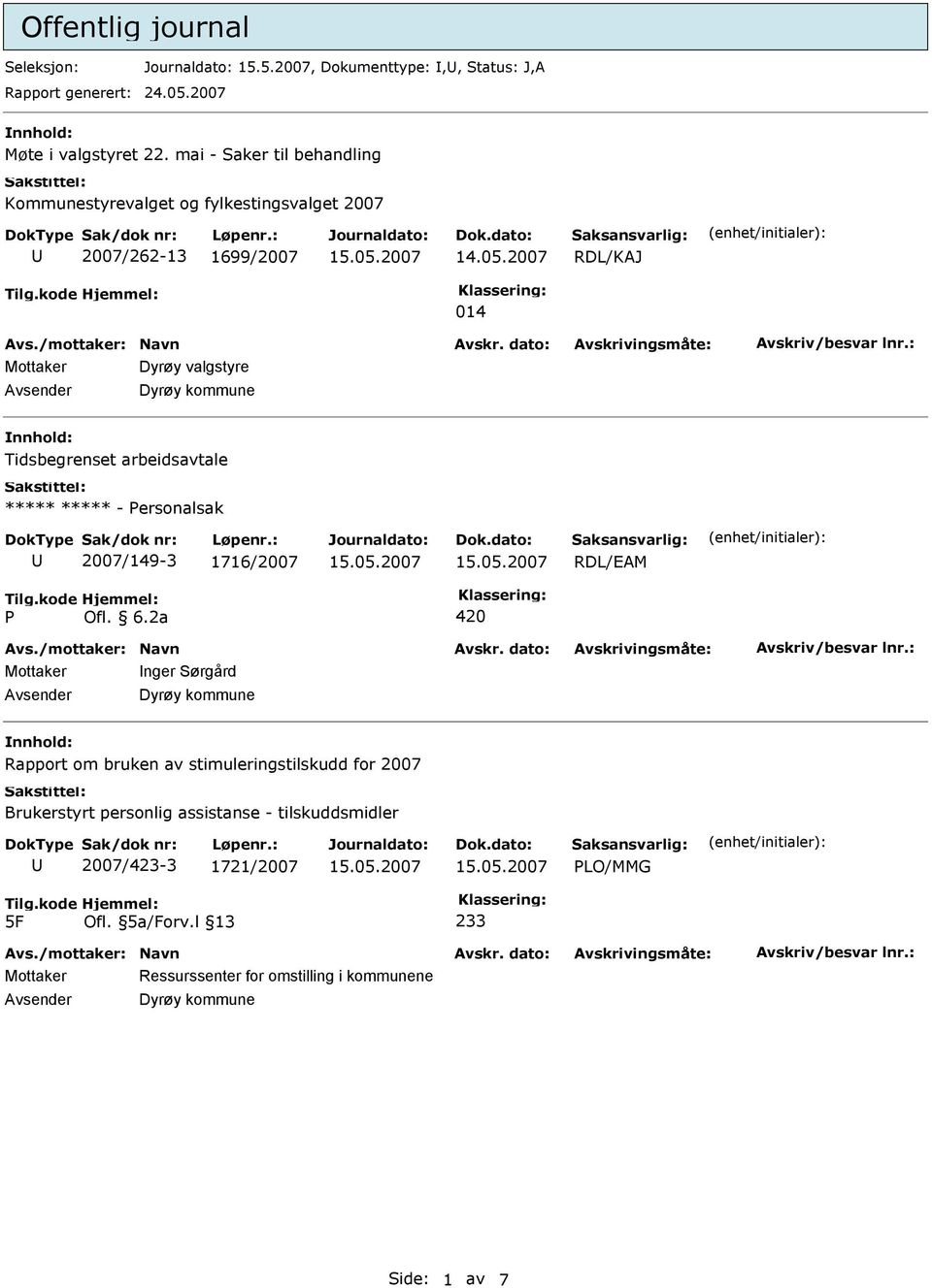 Tidsbegrenset arbeidsavtale ***** ***** - ersonalsak 2007/149-3 1716/2007 Mottaker nger Sørgård Dyrøy kommune nnhold: Rapport om bruken av