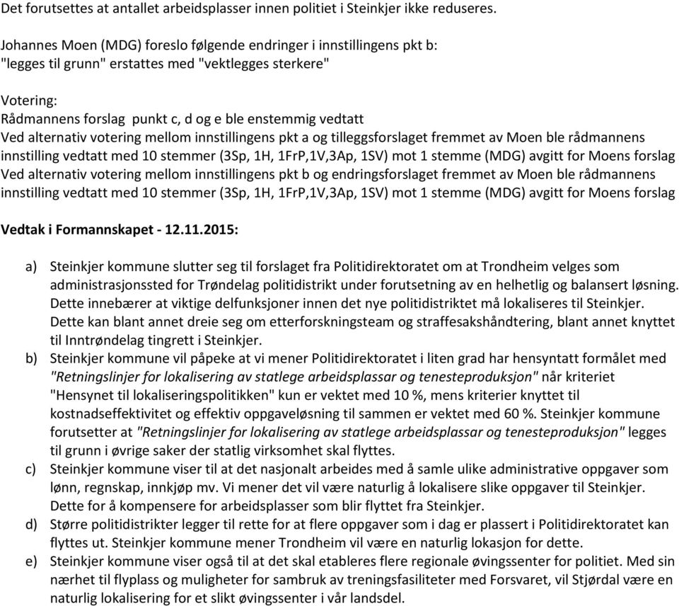 alternativ votering mellom innstillingens pkt a og tilleggsforslaget fremmet av Moen ble rådmannens innstilling vedtatt med 10 stemmer (3Sp, 1H, 1FrP,1V,3Ap, 1SV) mot 1 stemme (MDG) avgitt for Moens