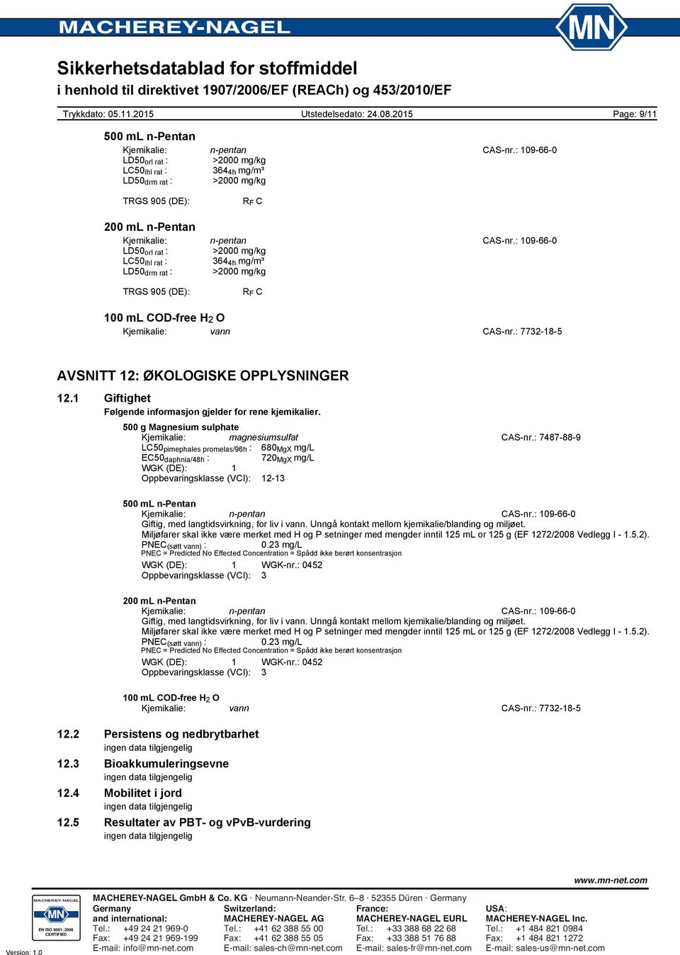 1 Giftighet Følgende informasjon gjelder for rene kjemikalier. Kjemikalie: magnesiumsulfat CASnr.