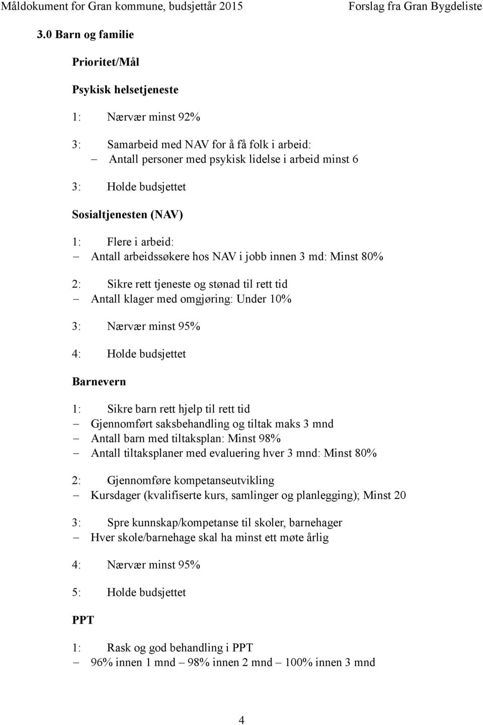 95% 4: Holde budsjettet Barnevern 1: Sikre barn rett hjelp til rett tid Gjennomført saksbehandling og tiltak maks 3 mnd Antall barn med tiltaksplan: Minst 98% Antall tiltaksplaner med evaluering hver