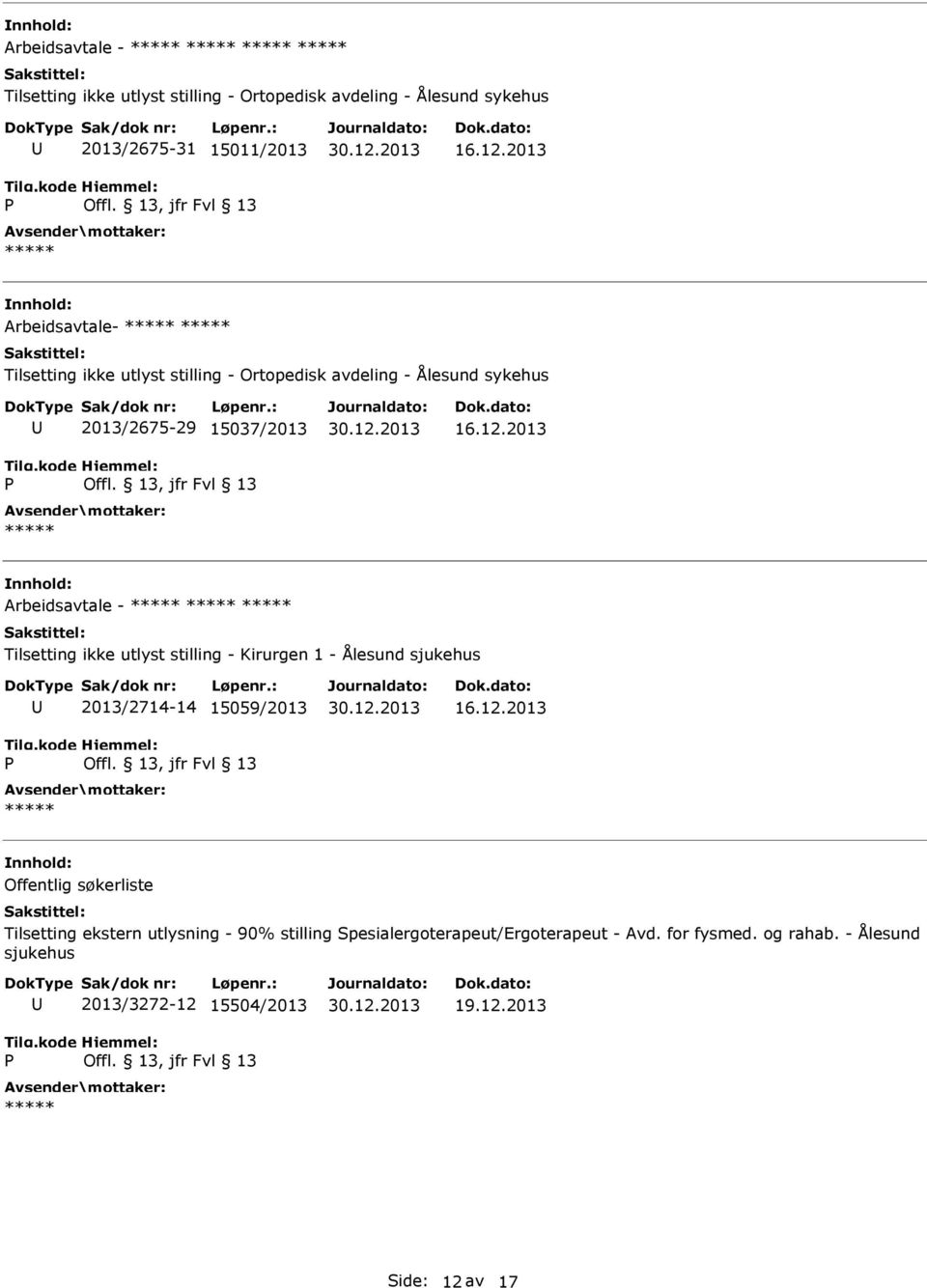 2013 Arbeidsavtale - Tilsetting ikke utlyst stilling - Kirurgen 1 - Ålesund sjukehus 2013/2714-14 15059/2013 16.12.