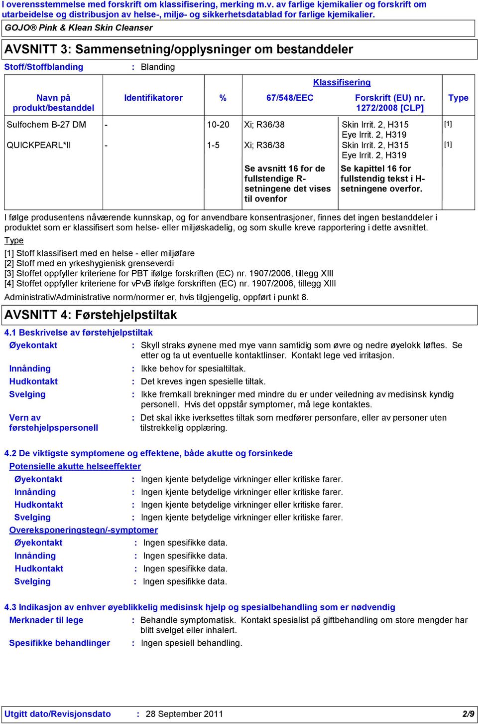 punkt 8. % 67/548/EEC Forskrift (EU) nr. Type 1272/2008 [CLP] Se avsnitt 16 for de fullstendige R setningene det vises til ovenfor Klassifisering Sulfochem B27 DM 1020 Xi; R36/38 Skin Irrit.