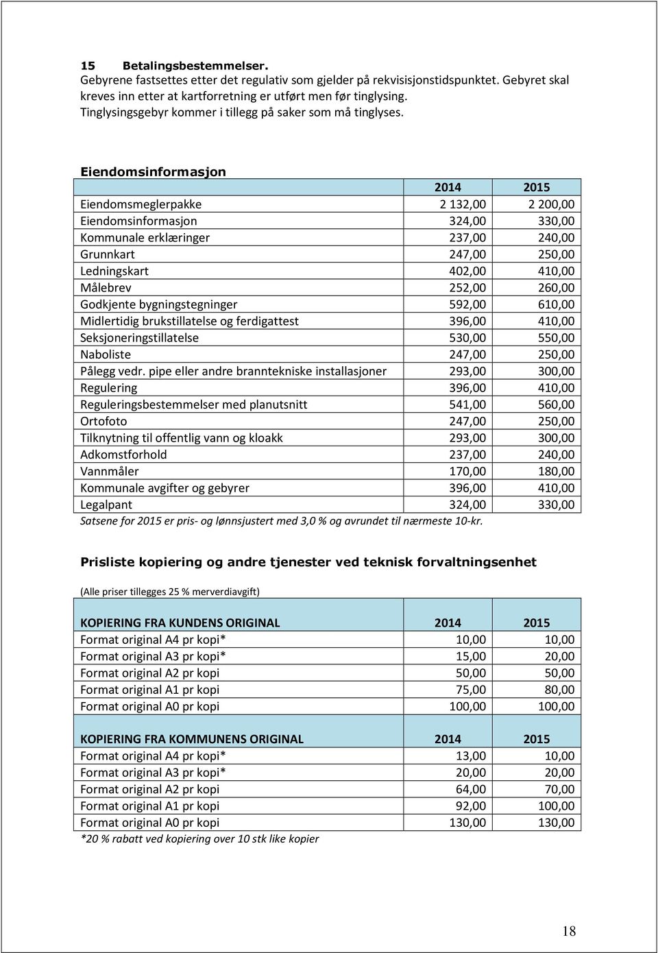 Eiendomsinformasjon 2014 2015 Eiendomsmeglerpakke 2132,00 2200,00 Eiendomsinformasjon 324,00 330,00 Kommunale erklæringer 237,00 240,00 Grunnkart 247,00 250,00 Ledningskart 402,00 410,00 Målebrev