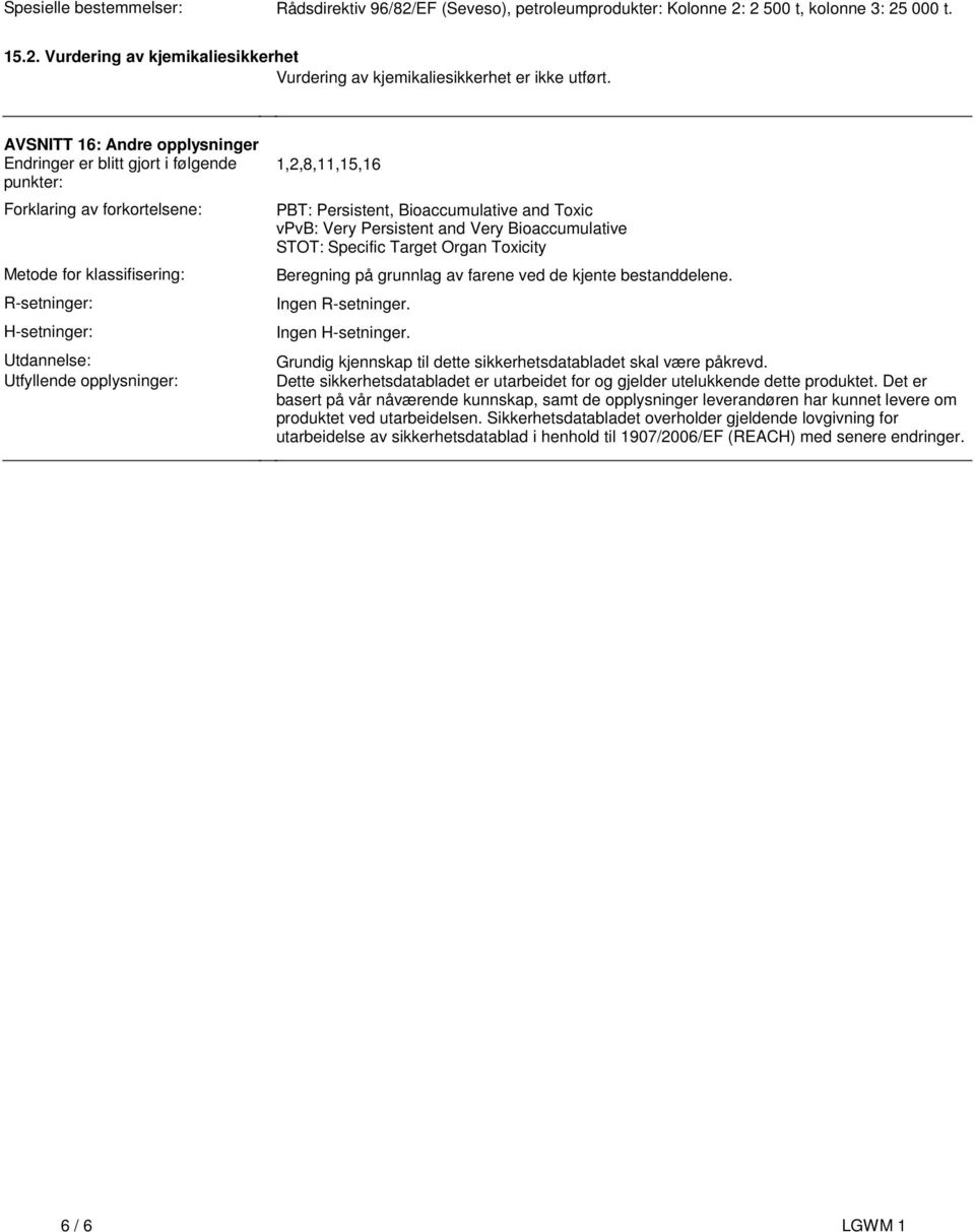 1,2,8,11,15,16 PBT: Persistent, Bioaccumulative and Toxic vpvb: Very Persistent and Very Bioaccumulative STOT: Specific Target Organ Toxicity Beregning på grunnlag av farene ved de kjente