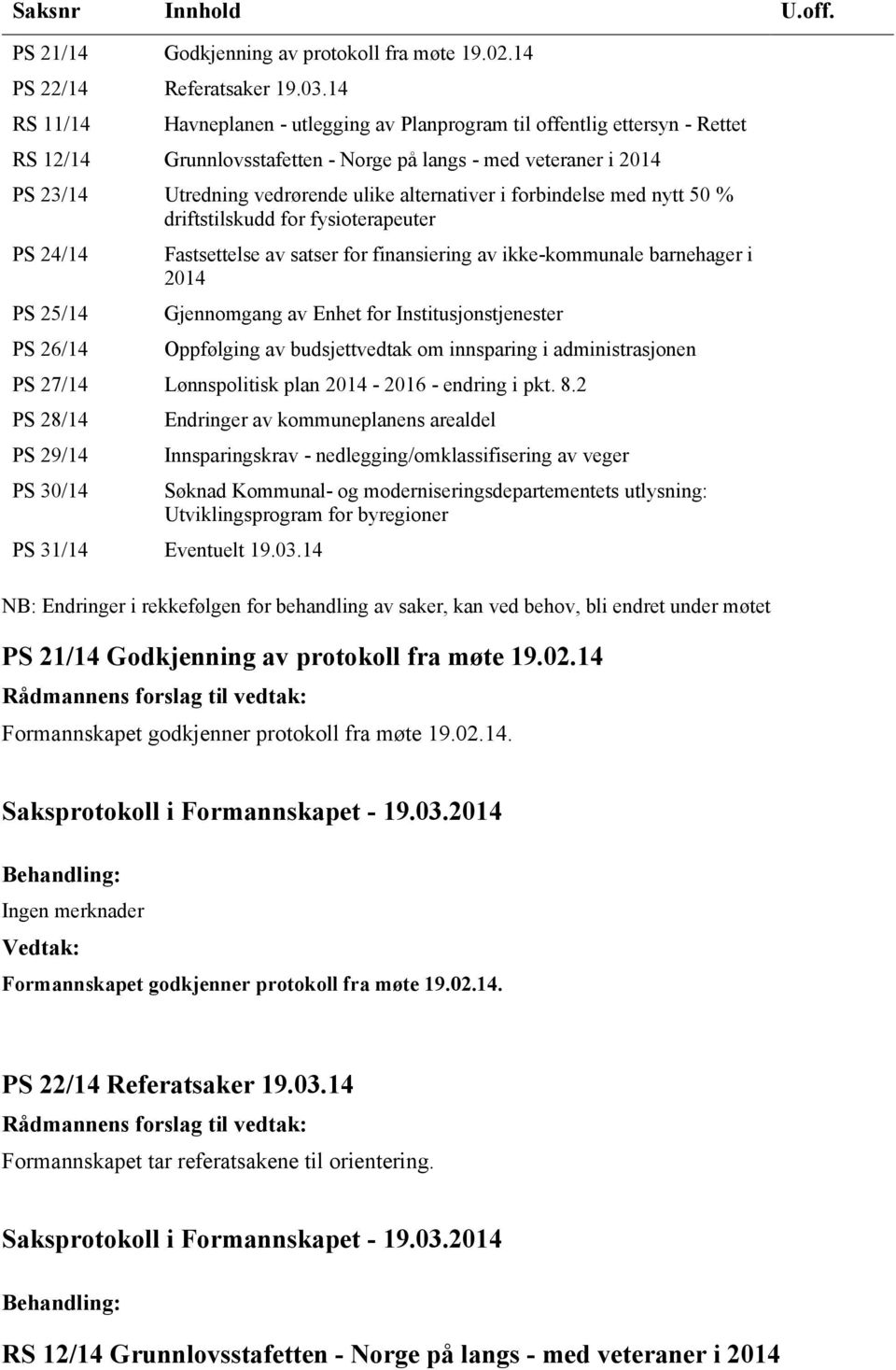 i forbindelse med nytt 50 % driftstilskudd for fysioterapeuter PS 24/14 PS 25/14 PS 26/14 Fastsettelse av satser for finansiering av ikke-kommunale barnehager i 2014 Gjennomgang av Enhet for