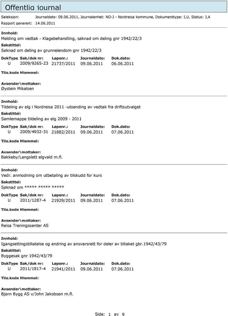 06.2011 Øystein Mikalsen Tildeling av elg i Nordreisa 2011 -utsending av vedtak fra driftsutvalget Samlemappe tildeling av elg 2009-2011 2009/4932-31 21882/2011 Bakkeby/Langslett elgvald m.fl.