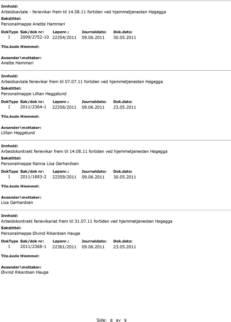 2011 Lillian Heggelund Arbeidskontrakt ferievikar frem til 14.08.11 fortiden ved hjemmetjenesten Høgegga Personalmappe Nanna Lisa Gerhardsen 2011/1883-2 22359/2011 30.05.