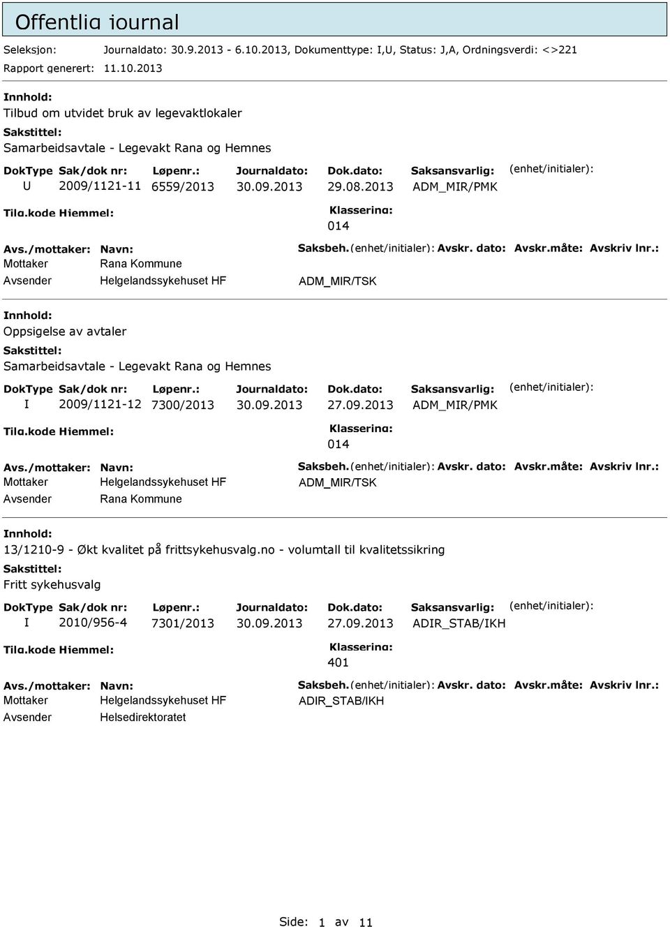 : Mottaker Rana Kommune Avsender Helgelandssykehuset HF ADM_MR/T nnhold: Oppsigelse av avtaler Samarbeidsavtale - Legevakt Rana og Hemnes 2009/1121-12 7300/2013 ADM_MR/PMK 014 Avs.