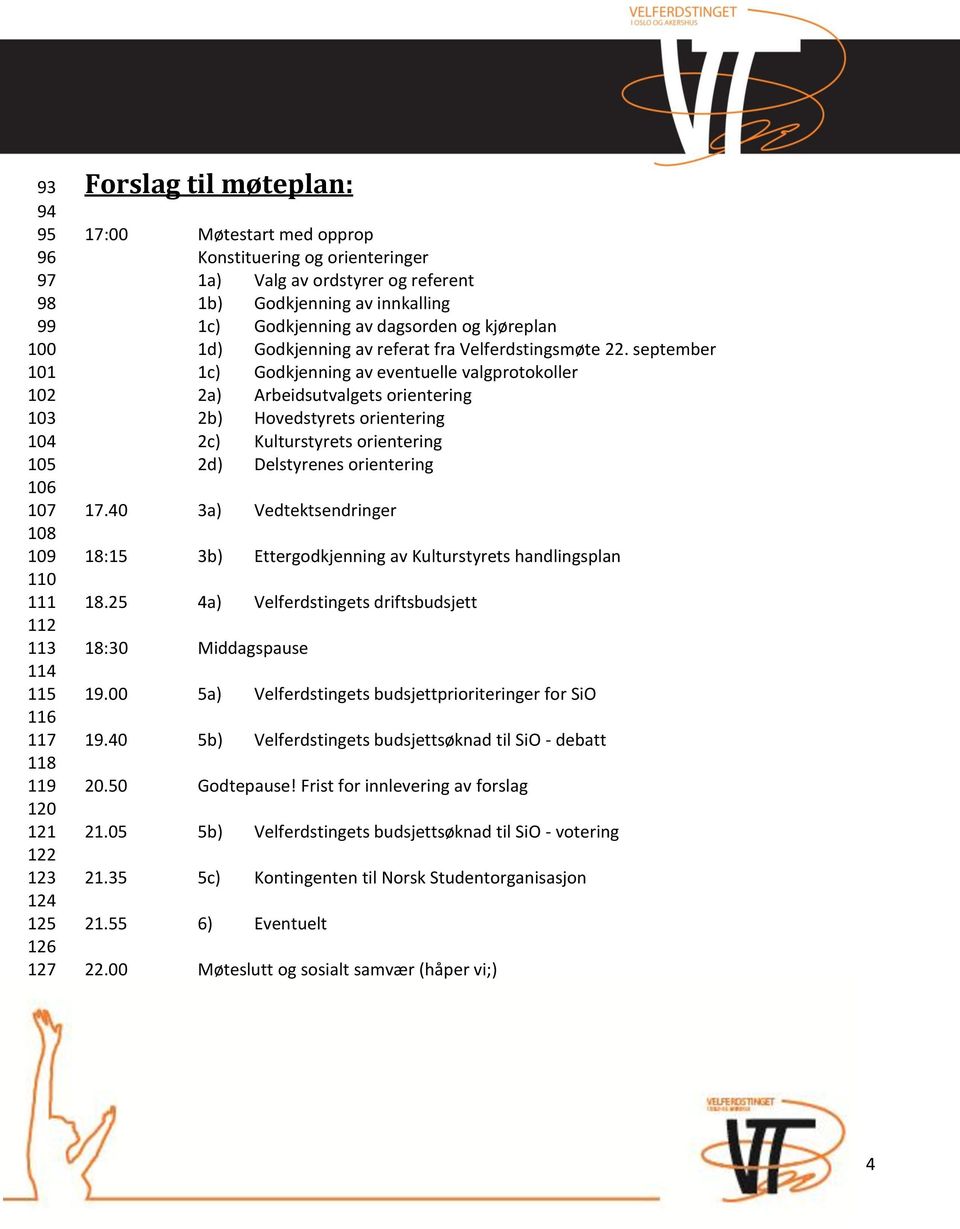 september 1c) Godkjenning av eventuelle valgprotokoller 2a) Arbeidsutvalgets orientering 2b) Hovedstyrets orientering 2c) Kulturstyrets orientering 2d) Delstyrenes orientering 17.