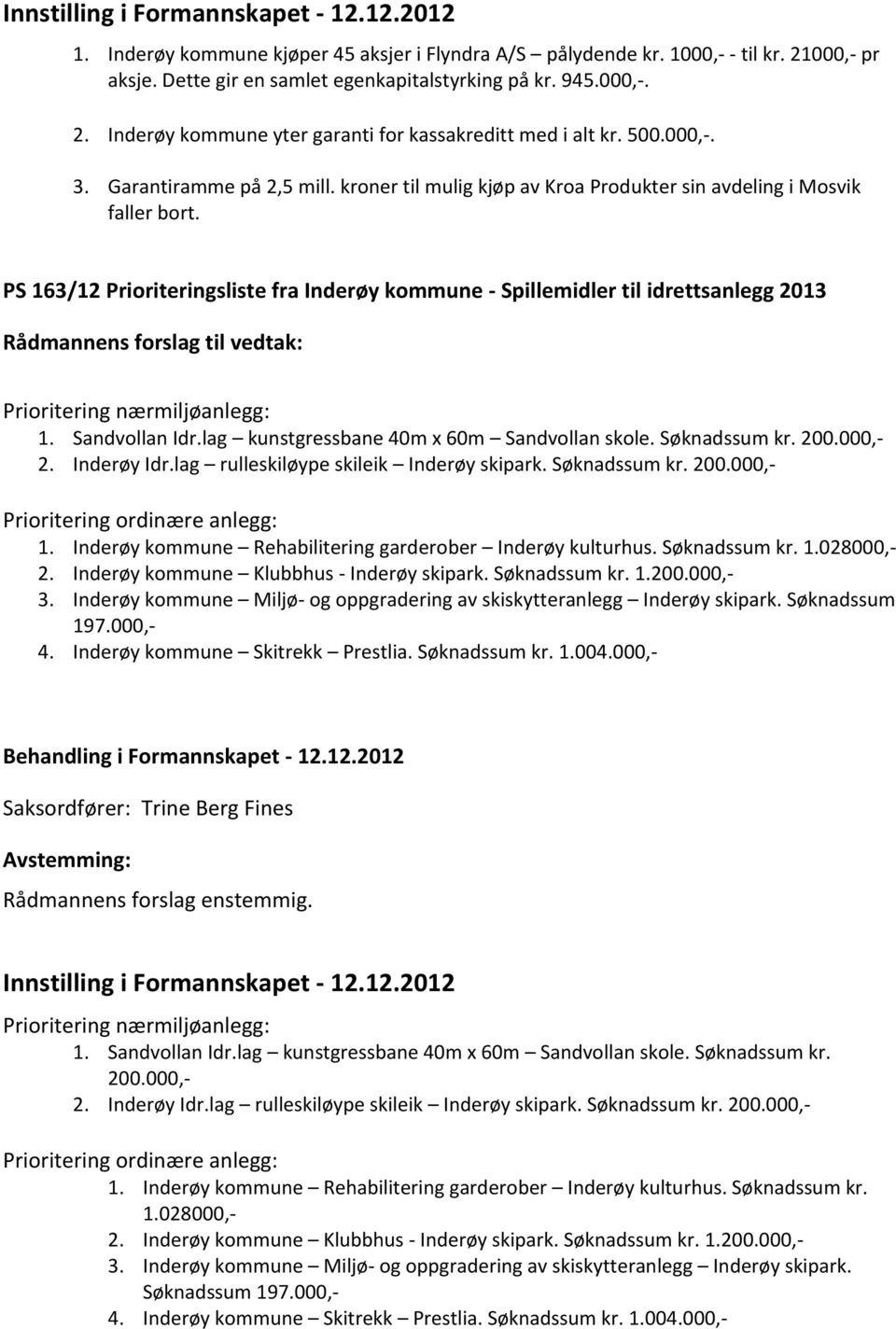 PS 163/12 Prioriteringsliste fra Inderøy kommune - Spillemidler til idrettsanlegg 2013 Rådmannens forslag til vedtak: Prioritering nærmiljøanlegg: 1. Sandvollan Idr.
