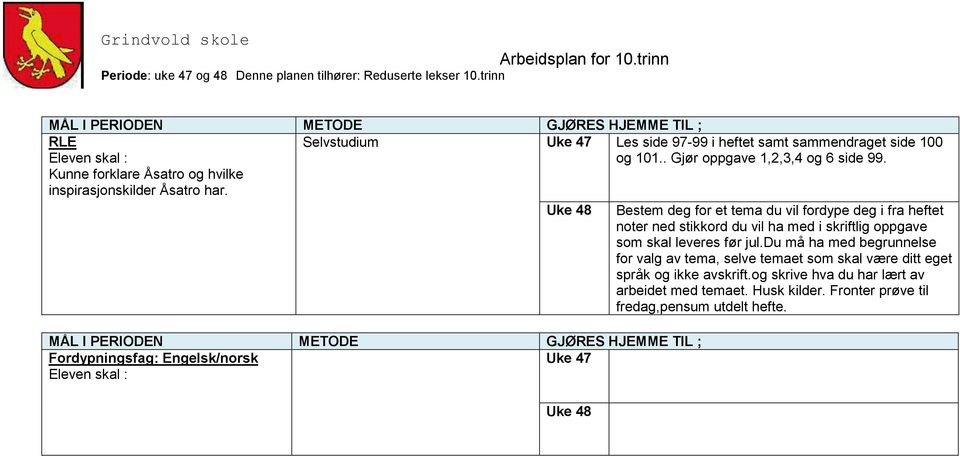 Bestem deg for et tema du vil fordype deg i fra heftet noter ned stikkord du vil ha med i skriftlig oppgave som skal leveres før jul.