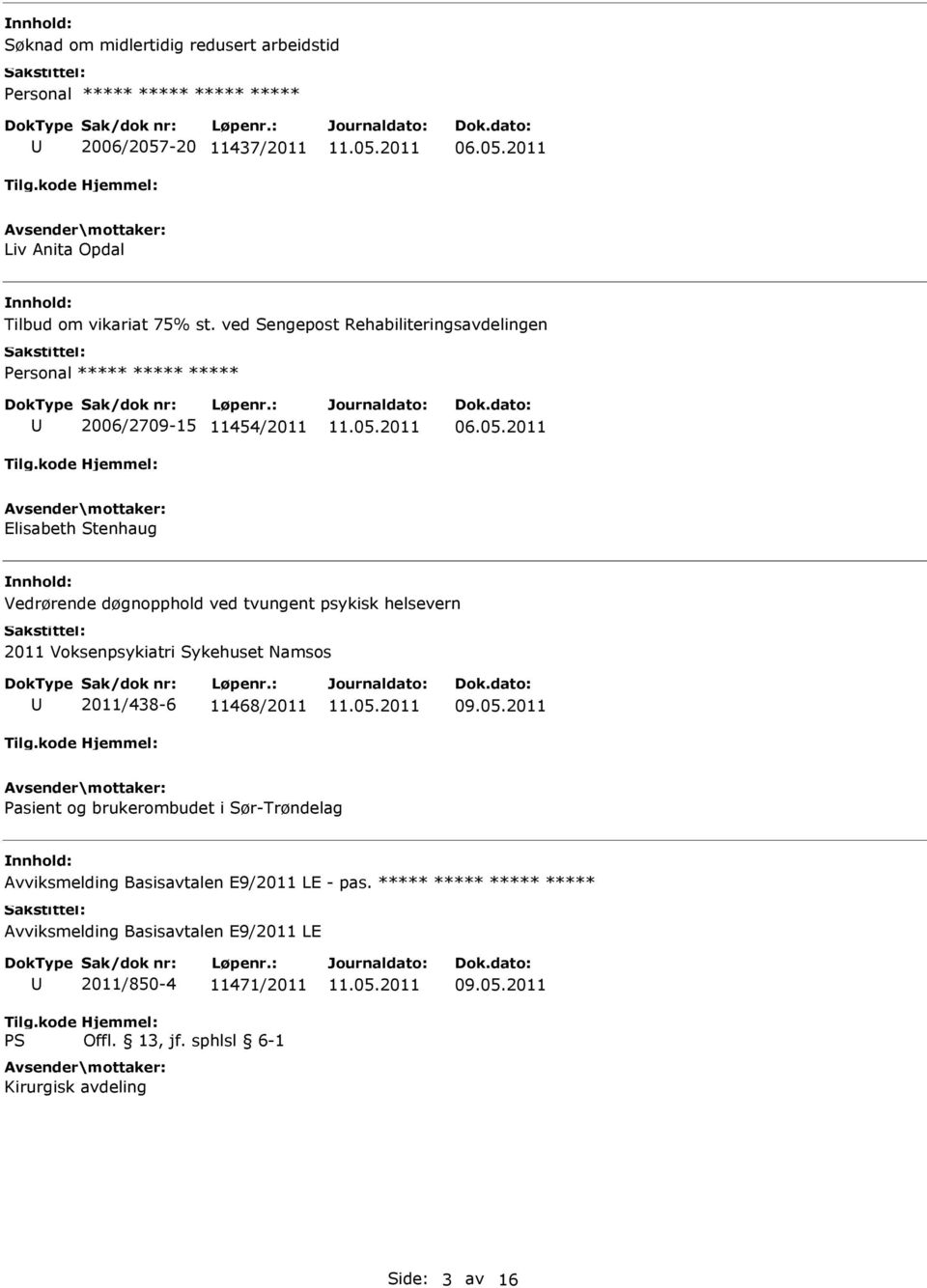 2011 Elisabeth Stenhaug Vedrørende døgnopphold ved tvungent psykisk helsevern 2011 Voksenpsykiatri Sykehuset Namsos 2011/438-6 11468/2011