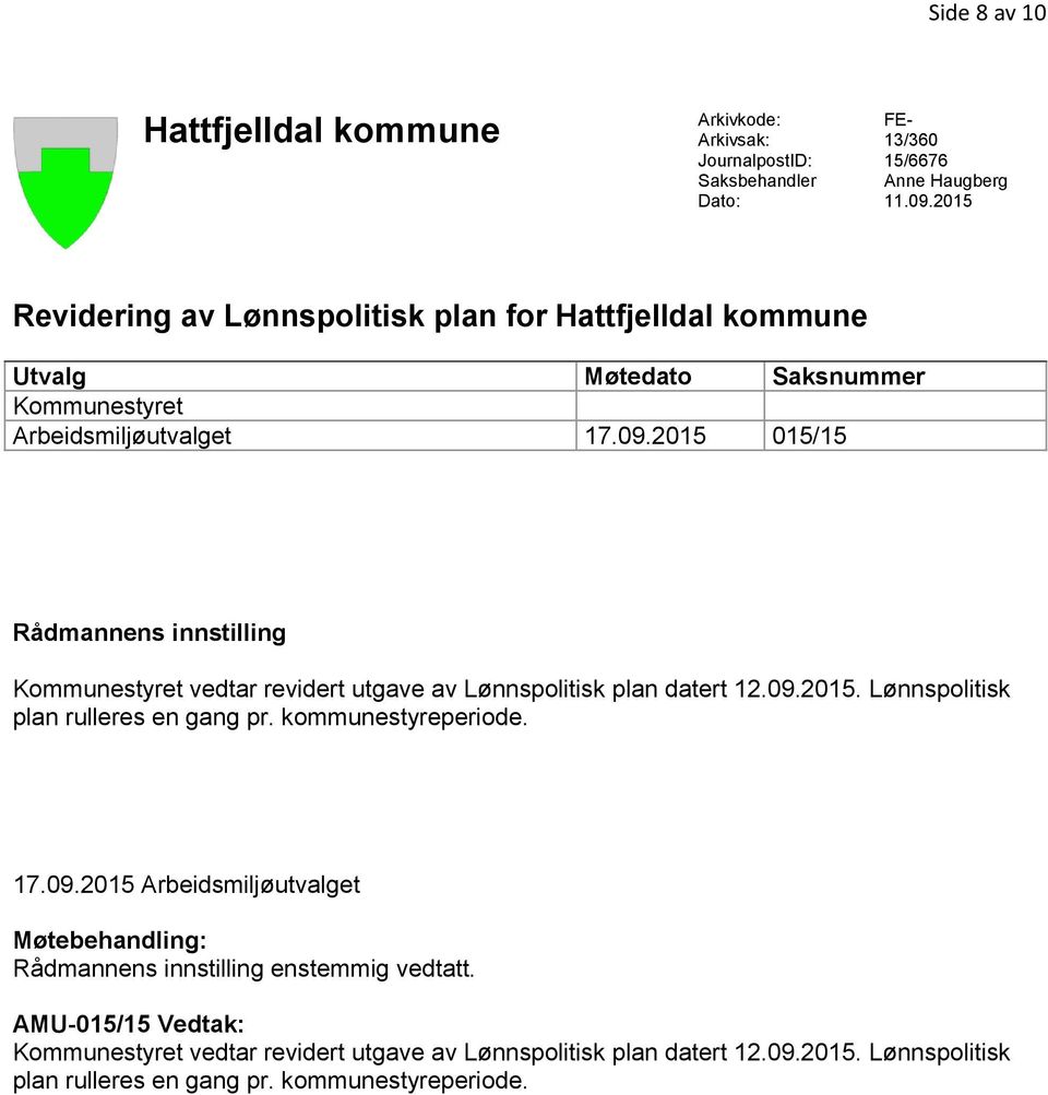 2015 015/15 Rådmannens innstilling Kommunestyret vedtar revidert utgave av Lønnspolitisk plan datert 12.09.2015. Lønnspolitisk plan rulleres en gang pr.