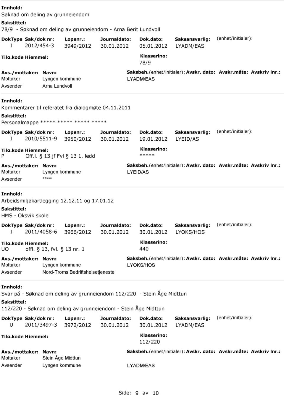 2011 ersonalmappe 2010/5511-9 3950/2012 19.01.2012 Arbeidsmiljøkartlegging 12.12.11 og 17.01.12 HMS - Oksvik skole 2011/4058-6 3966/2012 O 440