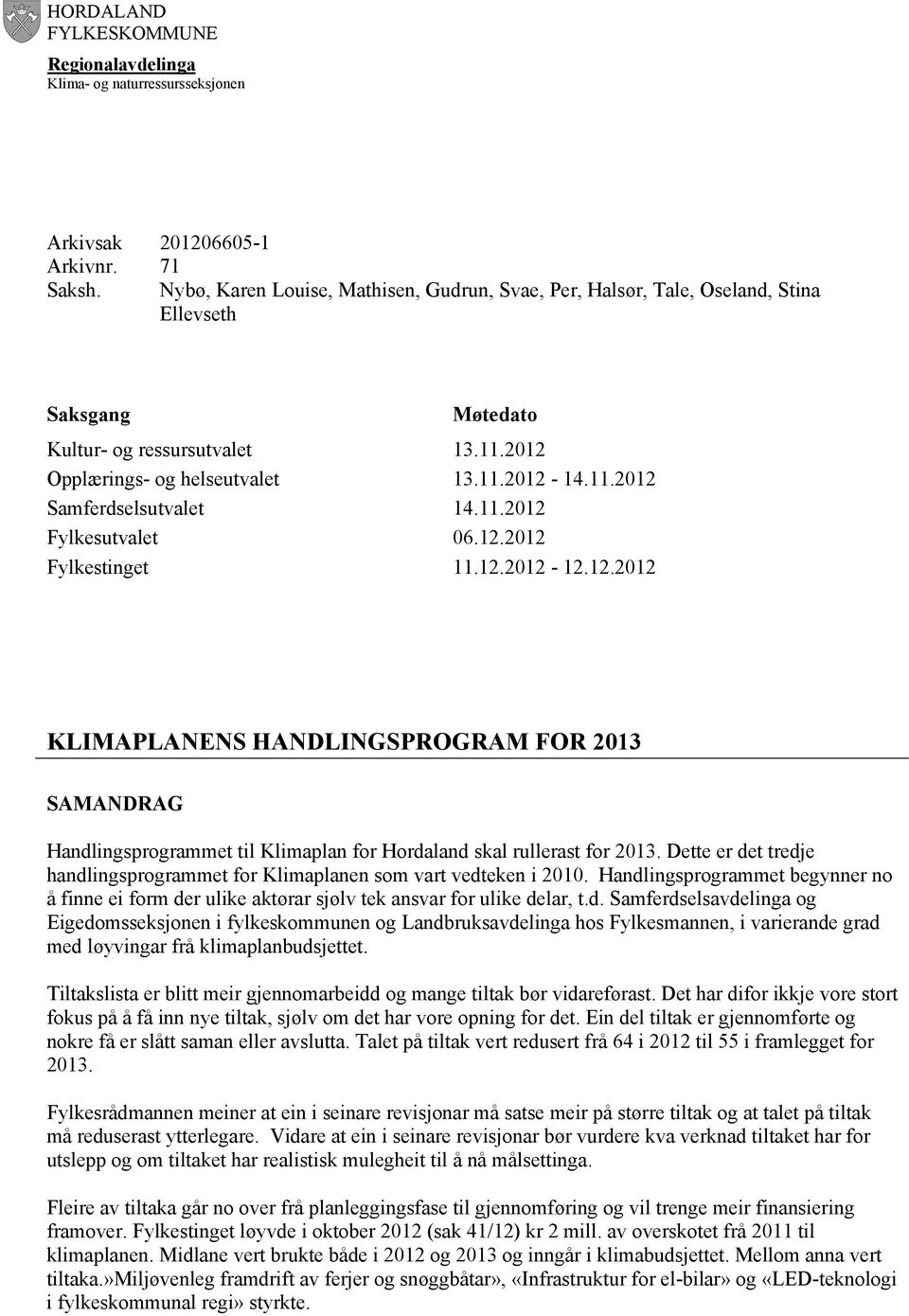 Møtedato 13.11.2012 13.11.2012-14.11.2012 14.11.2012 06.12.2012 11.12.2012-12.12.2012 KLIMAPLANENS HANDLINGSPROGRAM FOR 2013 SAMANDRAG Handlingsprogrammet til Klimaplan for Hordaland skal rullerast for 2013.