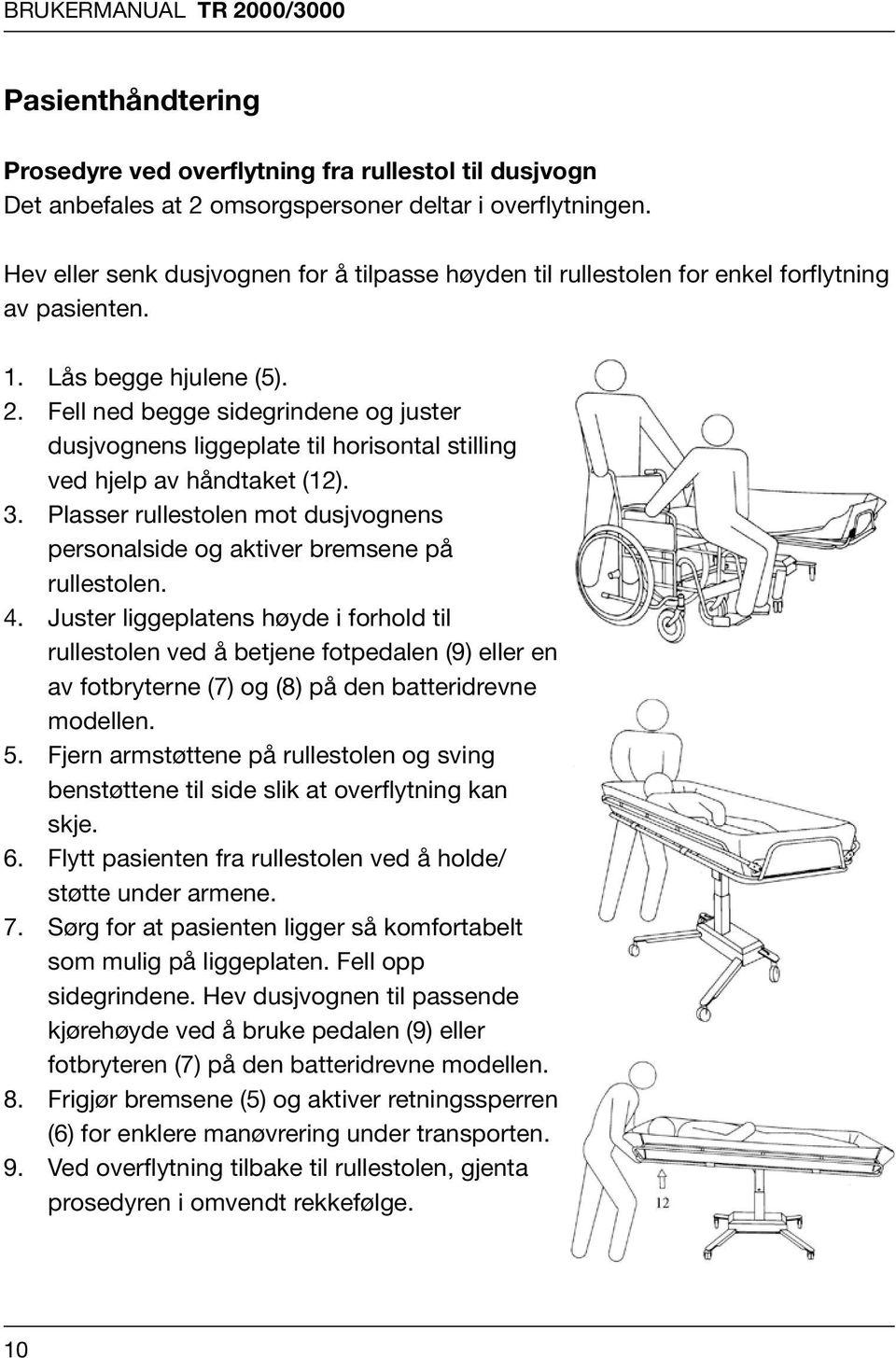 håndtering Prosedyre ved overflytning fra rullestol til dusjvogn Prosedyre Det anbefales ved at overflytning 2 omsorgs-personer fra rullestol deltar til dusjvogn i overflytningen.