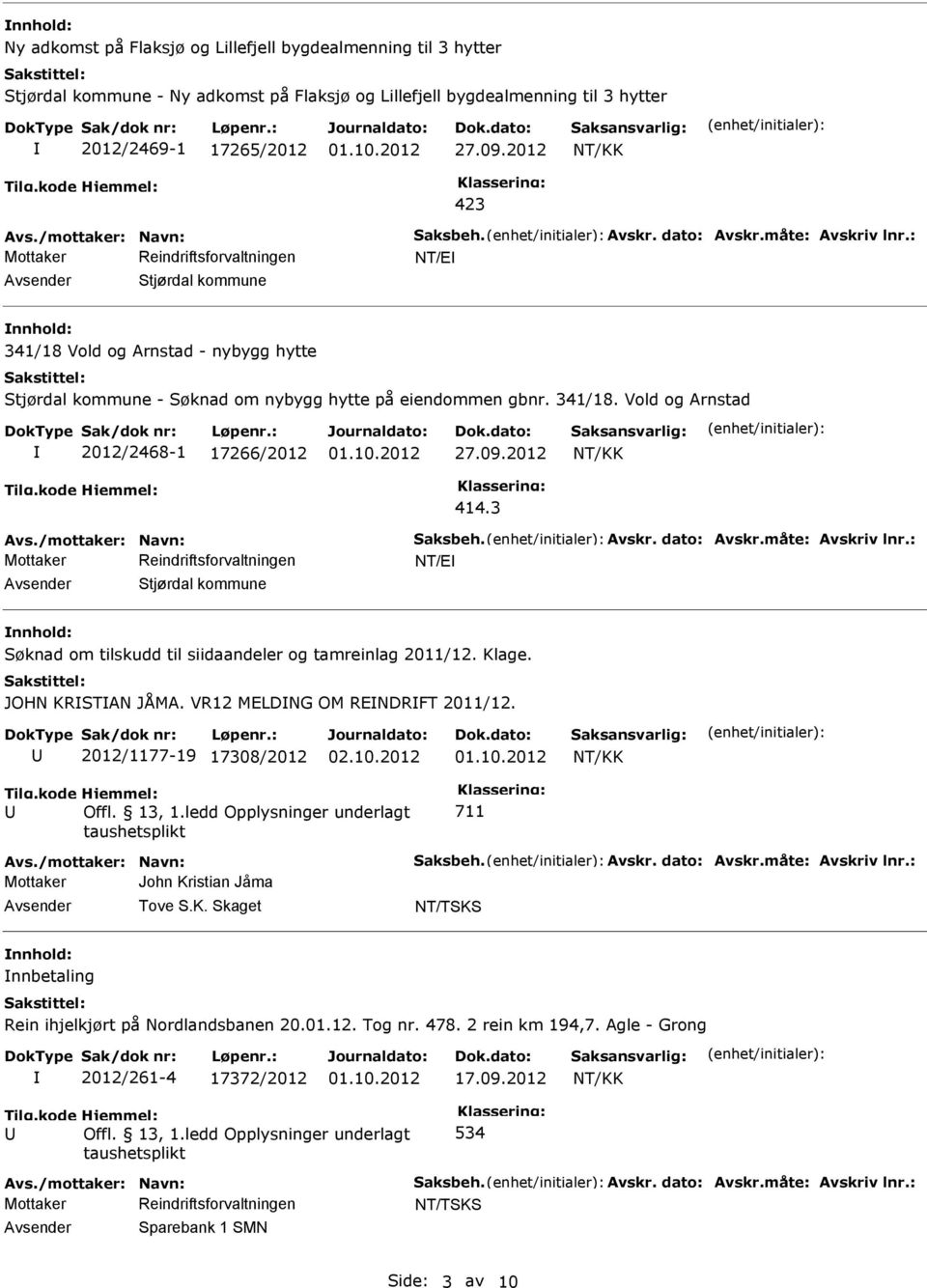 09.2012 414.3 Avs./mottaker: Navn: Saksbeh. Avskr. dato: Avskr.måte: Avskriv lnr.: NT/E Stjørdal kommune Søknad om tilskudd til siidaandeler og tamreinlag 2011/12. Klage. JOHN KRSTAN JÅMA.