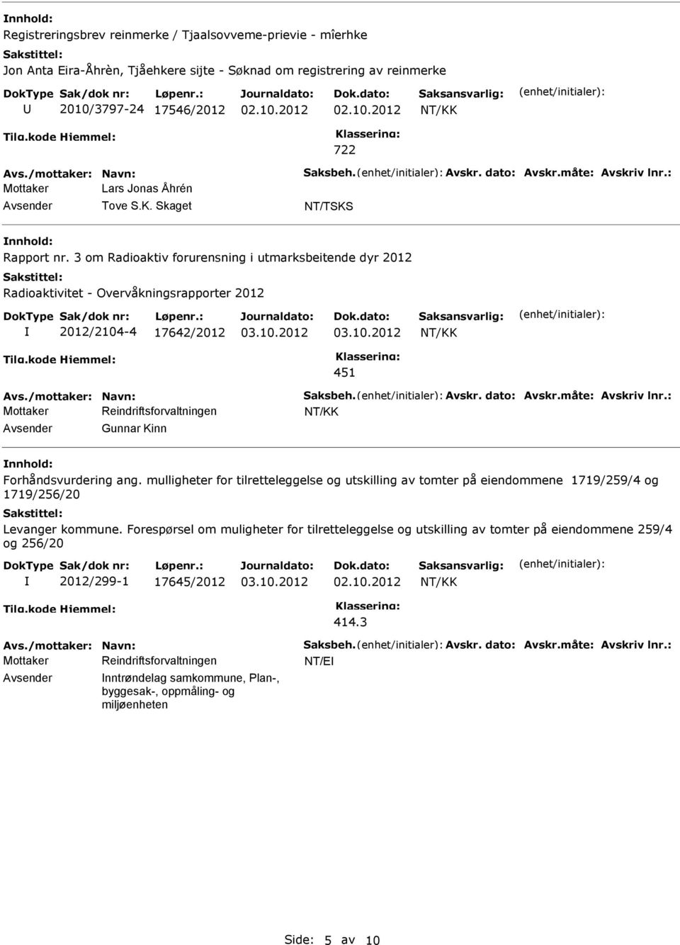 3 om Radioaktiv forurensning i utmarksbeitende dyr 2012 Radioaktivitet - Overvåkningsrapporter 2012 2012/2104-4 17642/2012 03.10.2012 03.10.2012 451 Avs./mottaker: Navn: Saksbeh. Avskr. dato: Avskr.