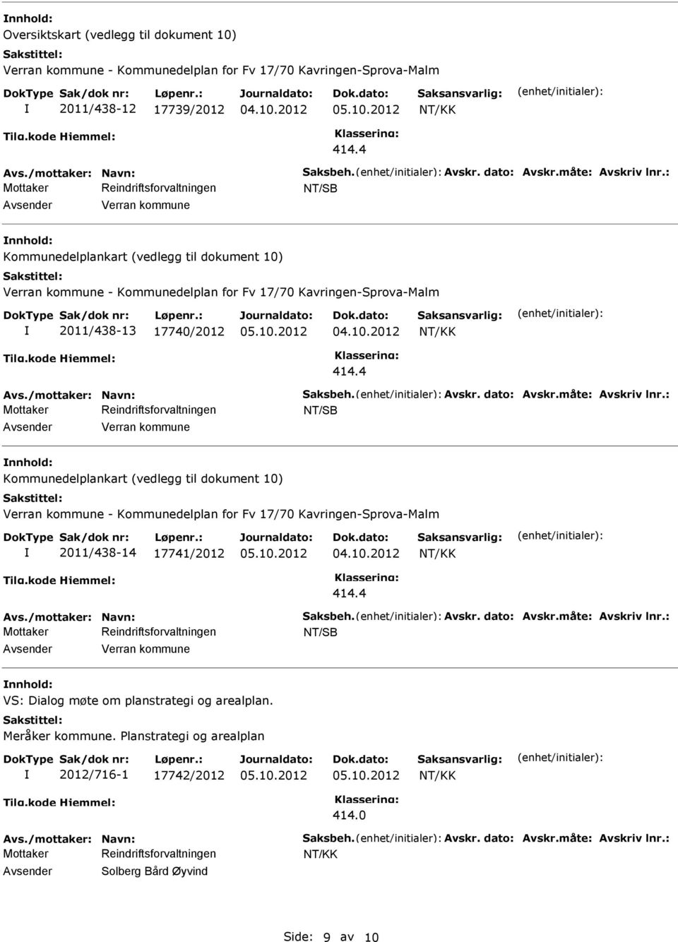 dato: Avskr.måte: Avskriv lnr.: Verran kommune Kommunedelplankart (vedlegg til dokument 10) Verran kommune - Kommunedelplan for Fv 17/70 Kavringen-Sprova-Malm 2011/438-14 17741/2012 Avs.