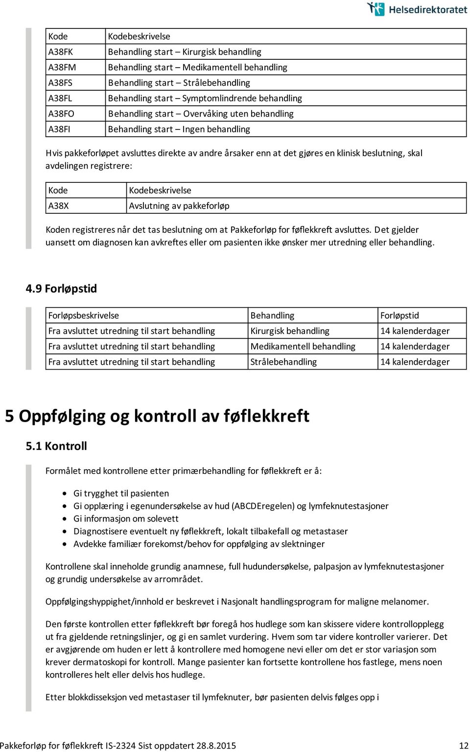 avdelingen registrere: Kode A38X Avslutning av pakkeforløp Koden registreres na r det tas beslutning om at Pakkeforløp for føflekkre avslu es.