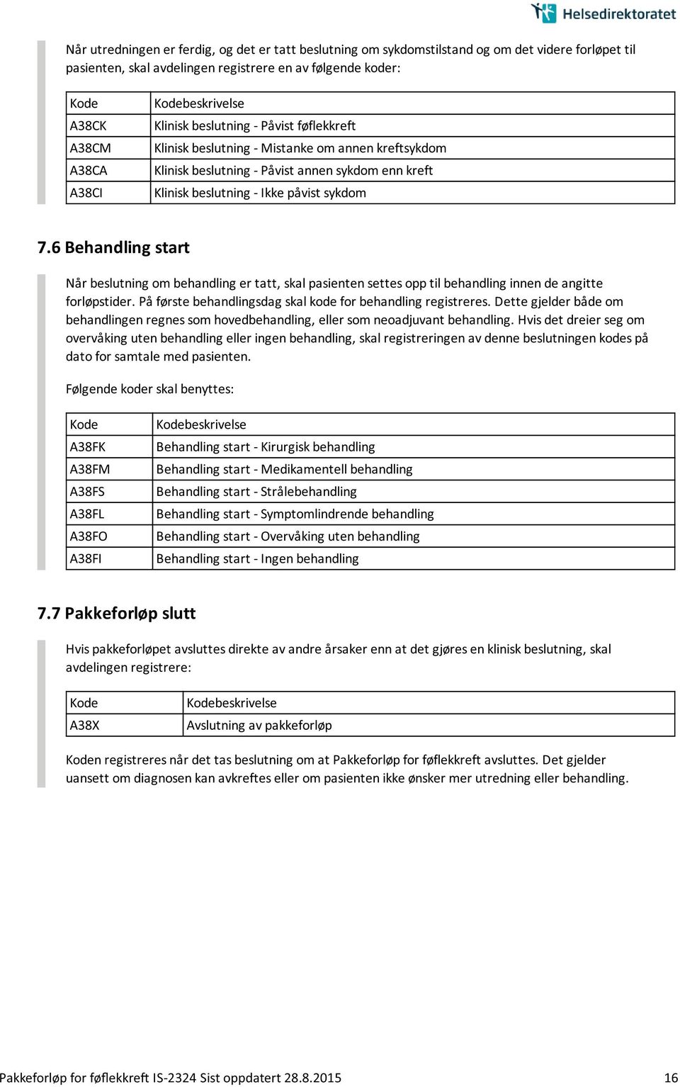 6 Behandling start Når beslutning om behandling er tatt, skal pasienten settes opp til behandling innen de angitte forløpstider. På første behandlingsdag skal kode for behandling registreres.