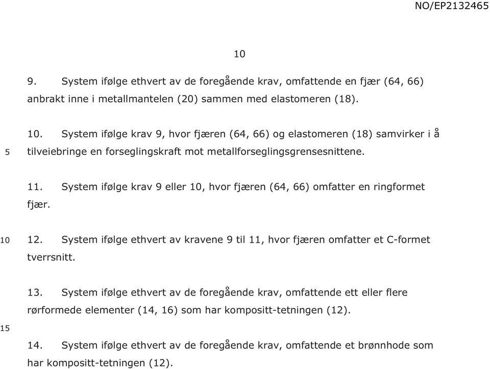 System ifølge krav 9 eller, hvor fjæren (64, 66) omfatter en ringformet fjær. 12. System ifølge ethvert av kravene 9 til 11, hvor fjæren omfatter et C-formet tverrsnitt. 13.